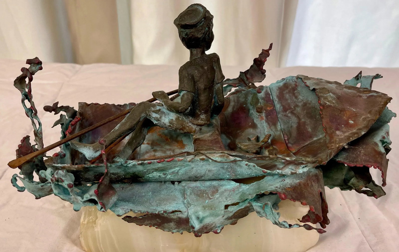 1970s Boy in Boat Metal Sculpture Marked "C Jere" - 3