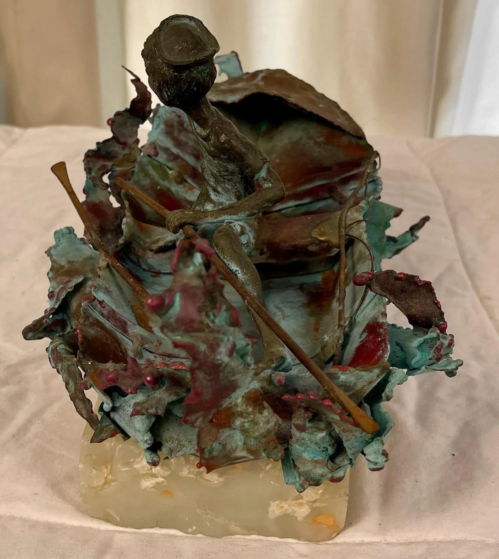 1970s Boy in Boat Metal Sculpture Marked "C Jere" - 4