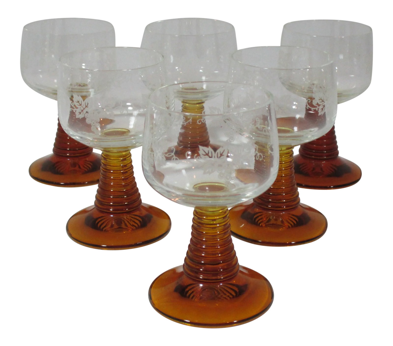 Mid Century Coiled Stem Wine Glasses - Set of 6: Set of six stemmed mid century wine glasses. They have a amber coiled stem and a clear cup with a frosted grape and leaf pattern. Condition: Alterations: Original Condition Unaltered Imperfections: