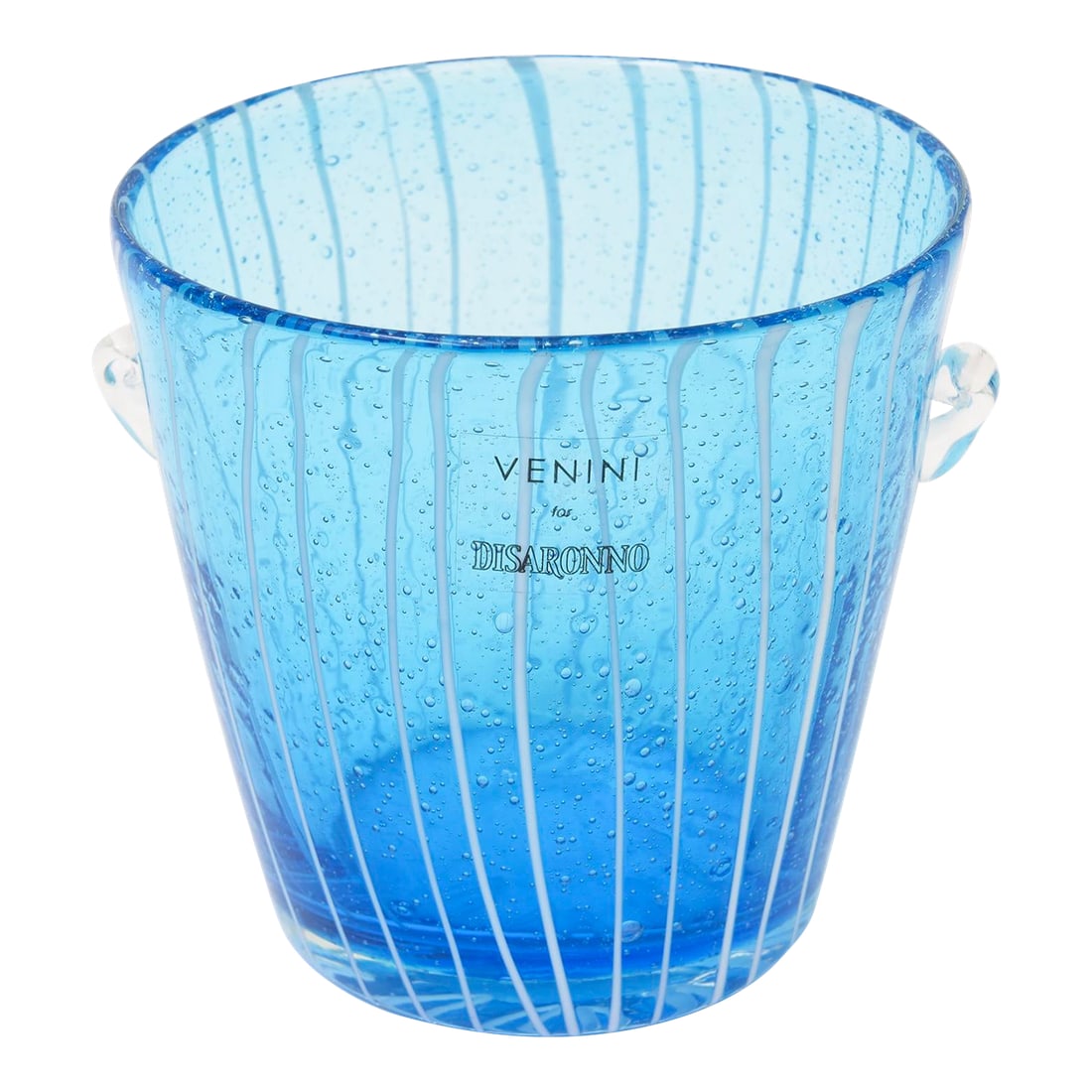 Murano Venini Sapphire Turquoise Glass Ice Bucket With White Lines 1980's: This Italian Murano Venini vintage glass ice bucket has white uneven lines with against the sapphire blue background. The stickered label says Venini Disaronno which was the Italian liquor company