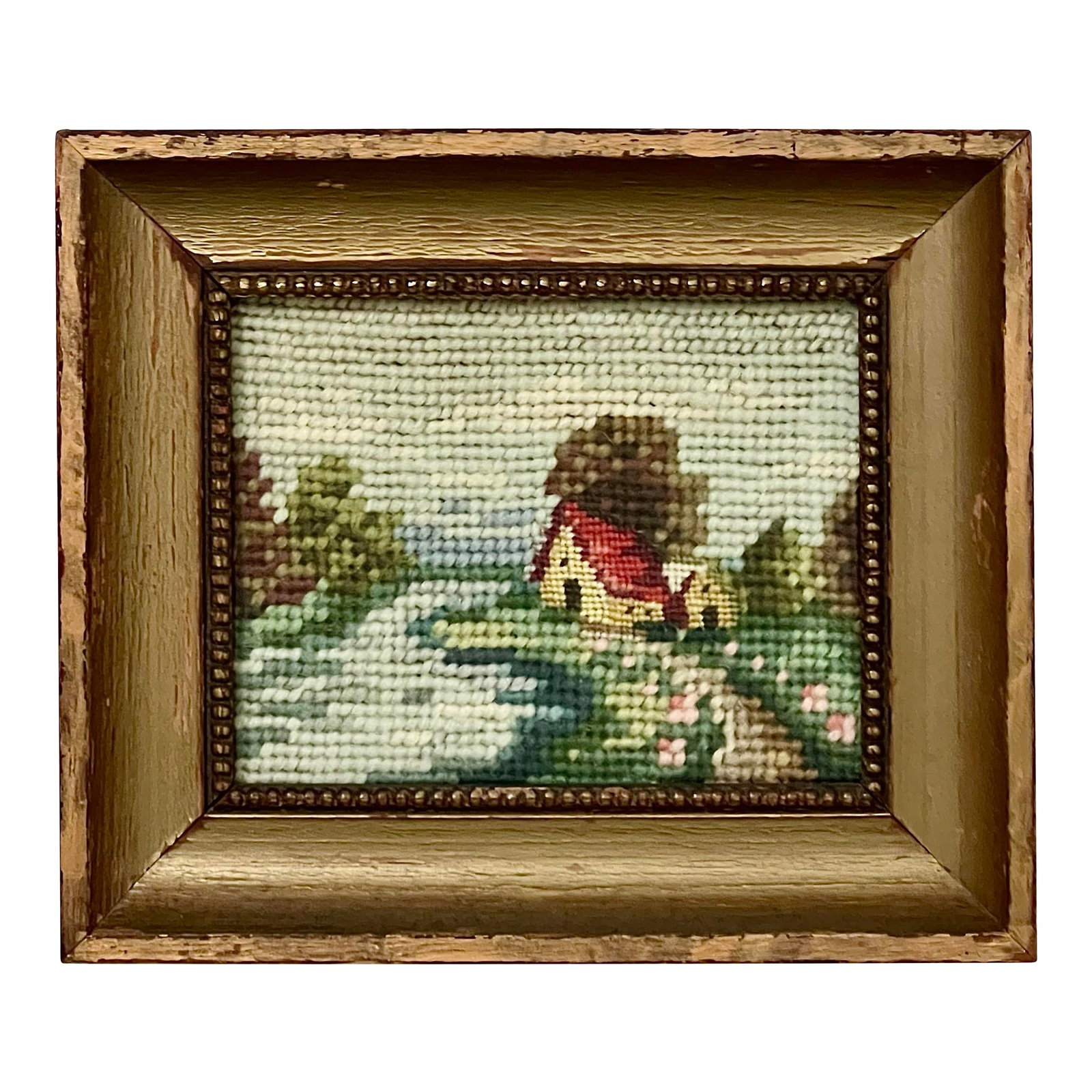 Vintage Mini Framed Countryside Needlepoint Art: A sweet mini vintage countryside needlepoint art, framed in its original frame. I took it apart to clean, sure up the frame and then put it back nicely so that it's ready for its next life in your
