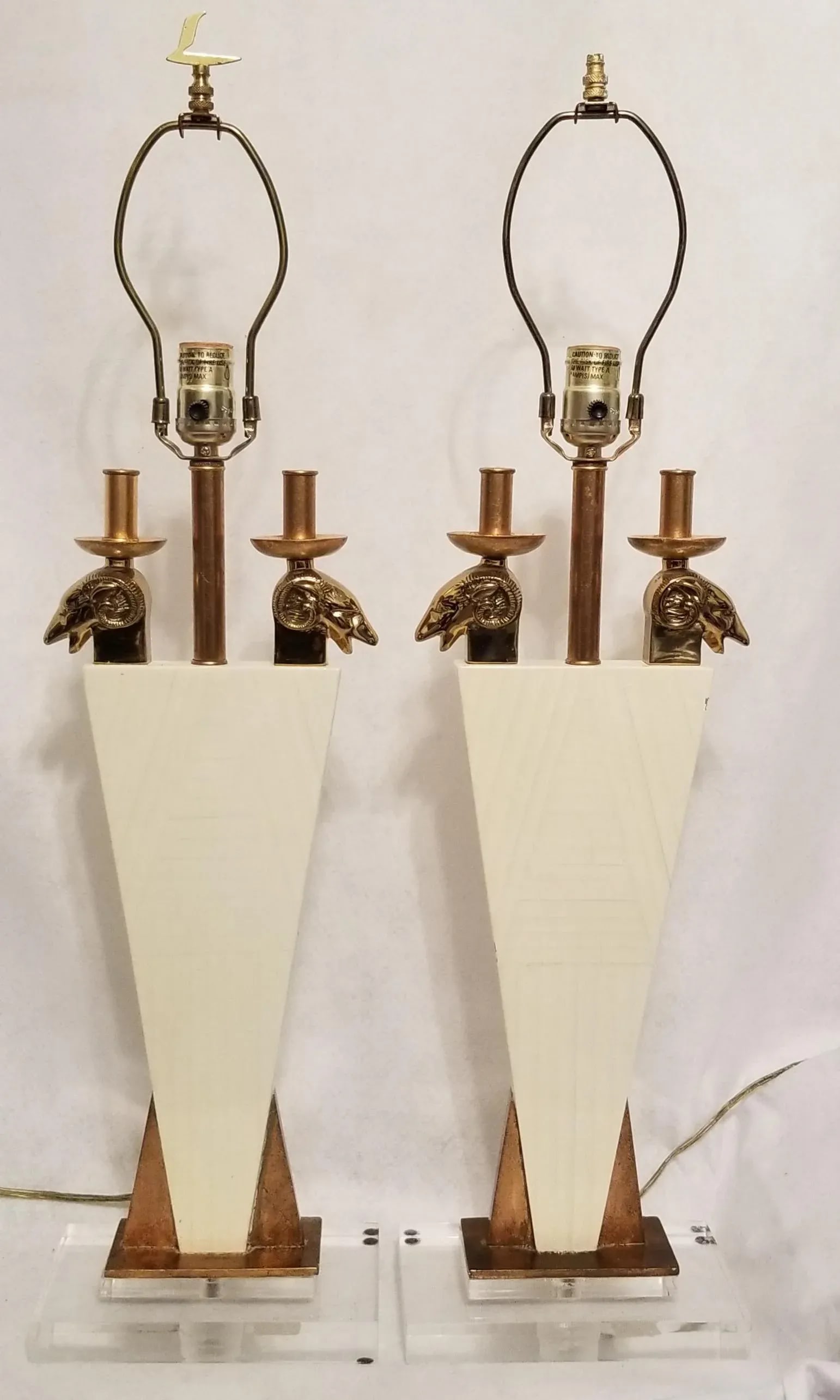 1970s Leeazanne Lamps Ivory With Brass Rams Heads Lucite Base for Lee Lam - a Pair - 11