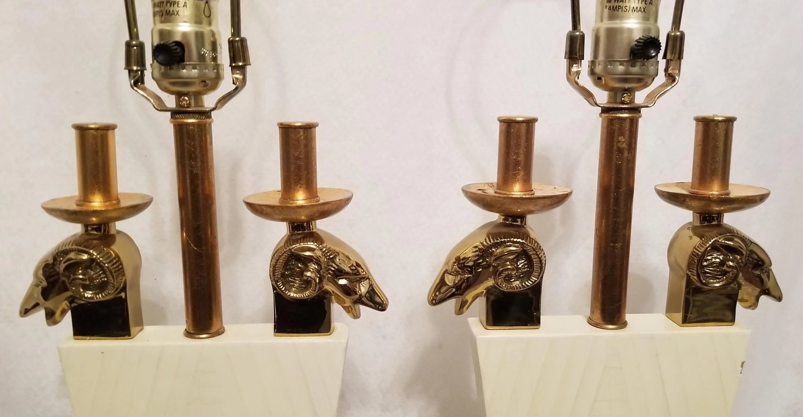 1970s Leeazanne Lamps Ivory With Brass Rams Heads Lucite Base for Lee Lam - a Pair - 2