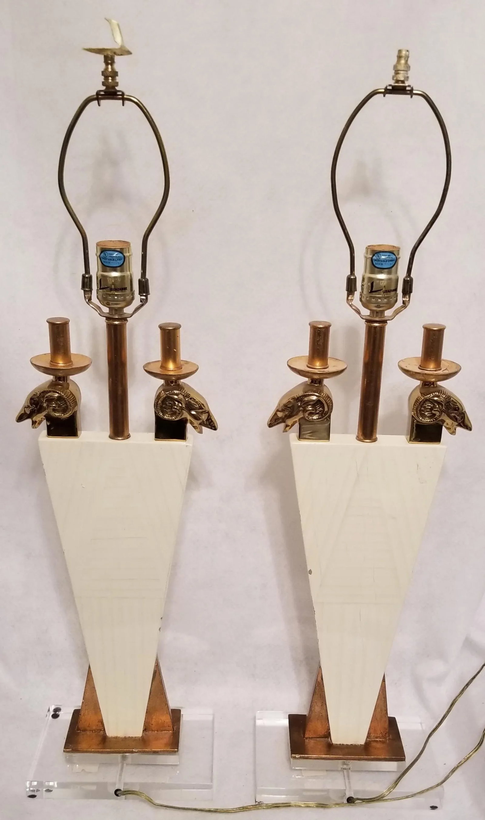 1970s Leeazanne Lamps Ivory With Brass Rams Heads Lucite Base for Lee Lam - a Pair - 3