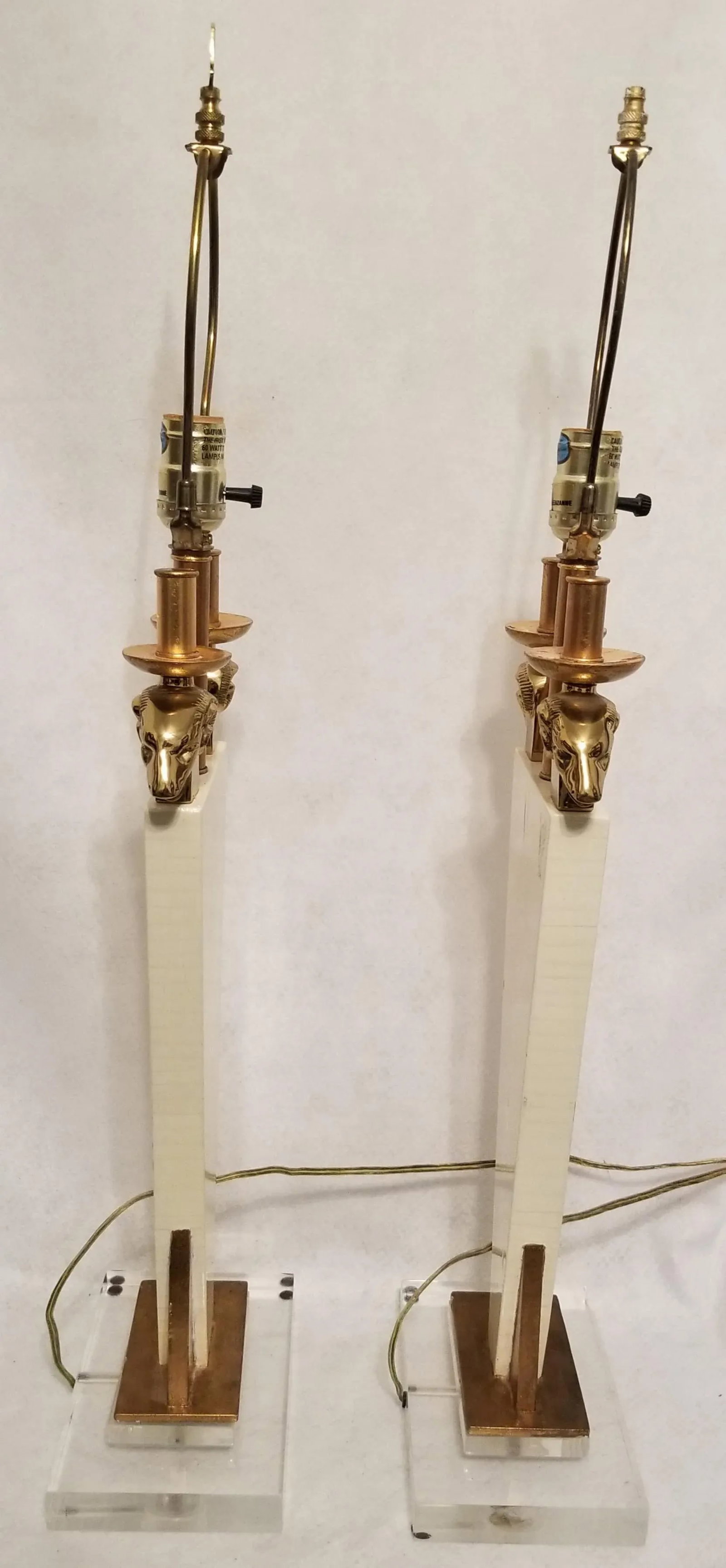 1970s Leeazanne Lamps Ivory With Brass Rams Heads Lucite Base for Lee Lam - a Pair - 6