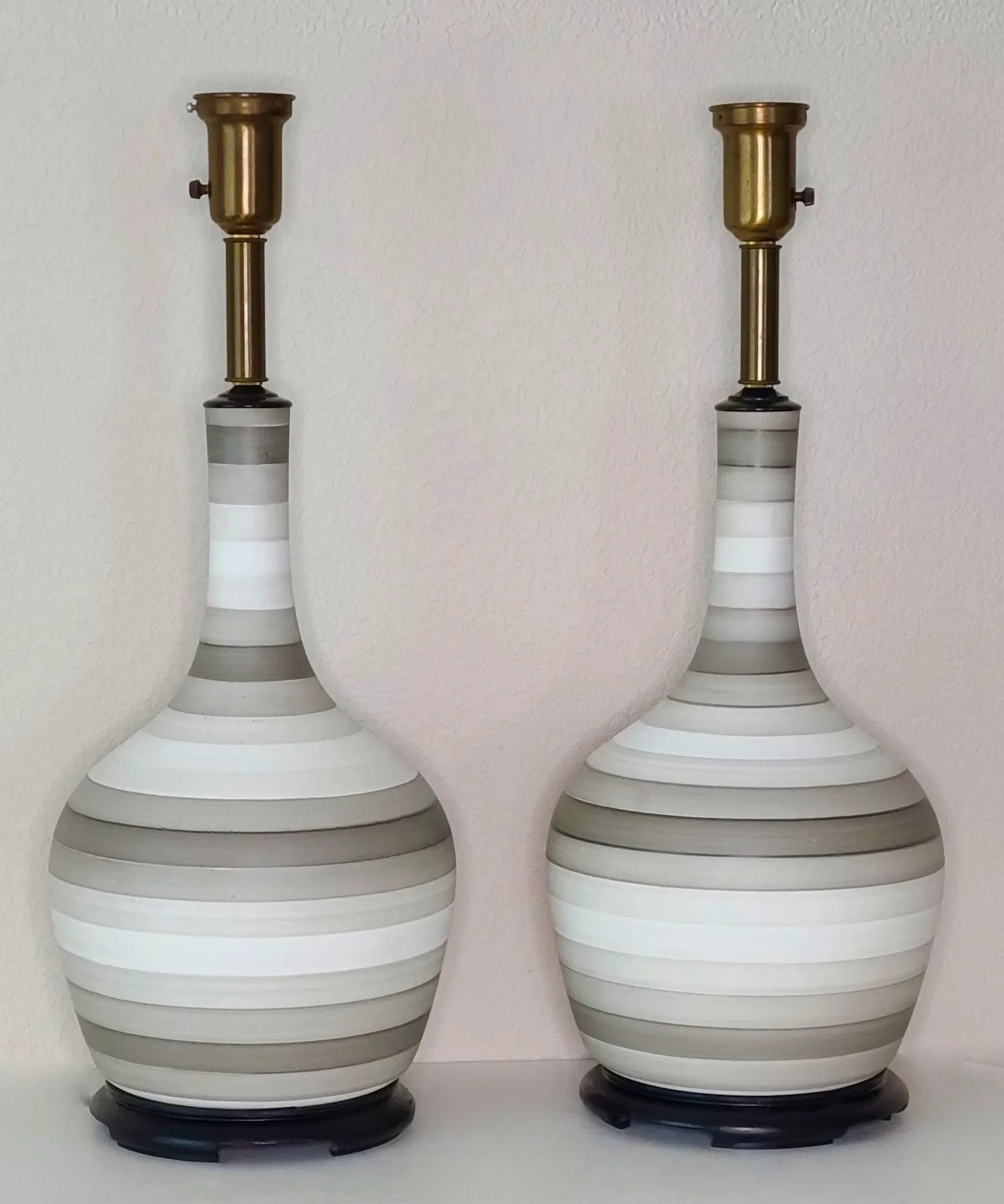 Mid Century Modern Charleton Gray White Striped Table Lamps - a Pair - 11