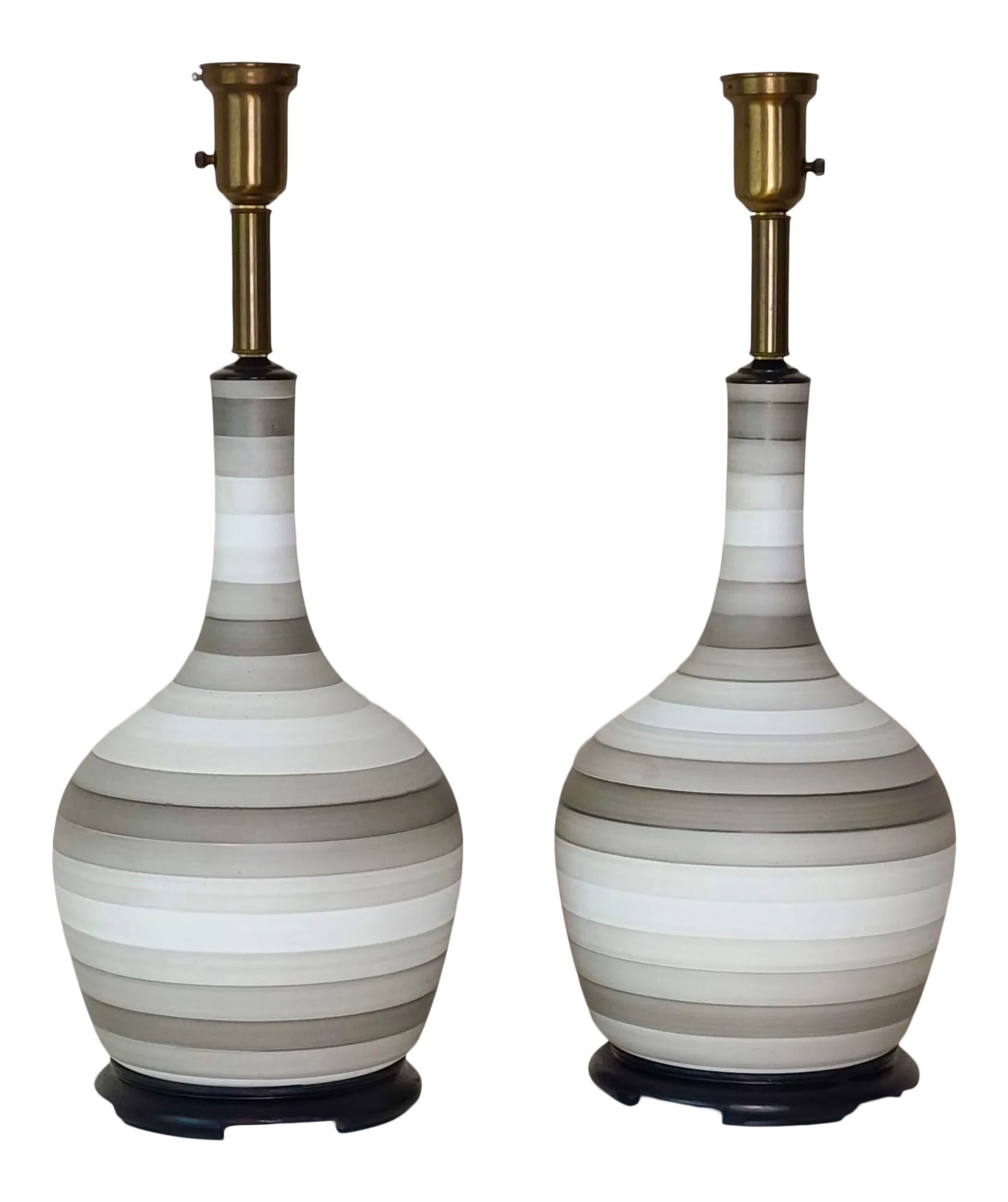 Mid Century Modern Charleton Gray White Striped Table Lamps - a Pair: Stunning set of vintage, Danish Modern style table lamps in gray and white tones. Brushed ceramic with black, wooden bases. Circumference approximately 33" with a height of 27". Condition: Alterations