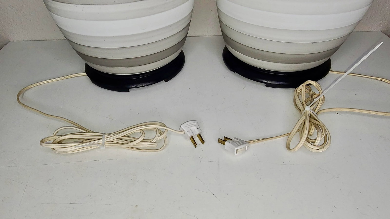Mid Century Modern Charleton Gray White Striped Table Lamps - a Pair - 6