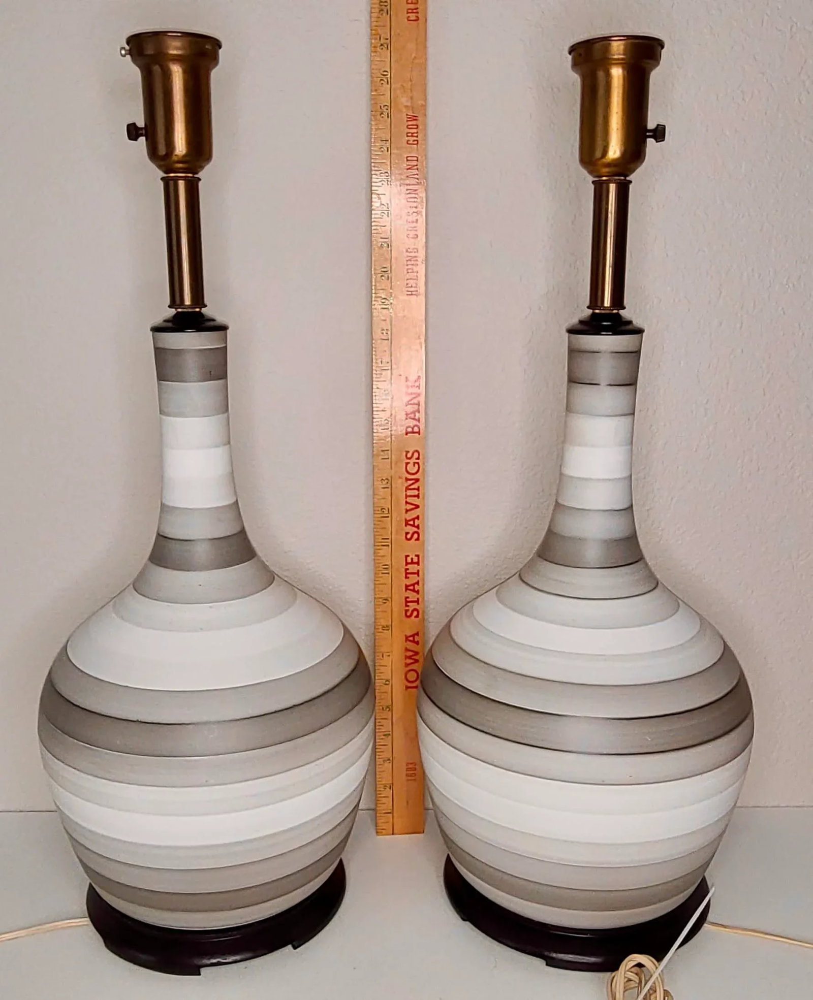 Mid Century Modern Charleton Gray White Striped Table Lamps - a Pair - 7