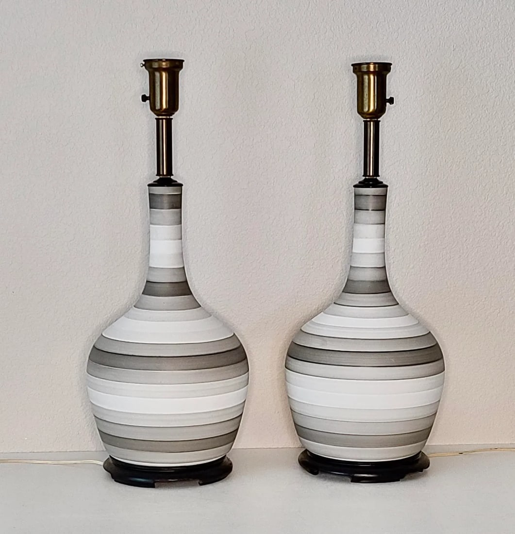 Mid Century Modern Charleton Gray White Striped Table Lamps - a Pair - 8