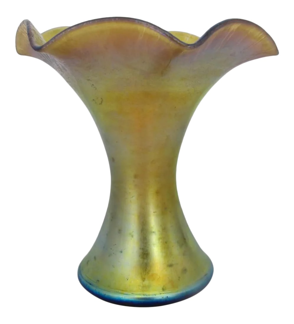 Steuben Aurene 723 Gold Blue Iridescent Ruffle Art Glass Vase (1 of 8)