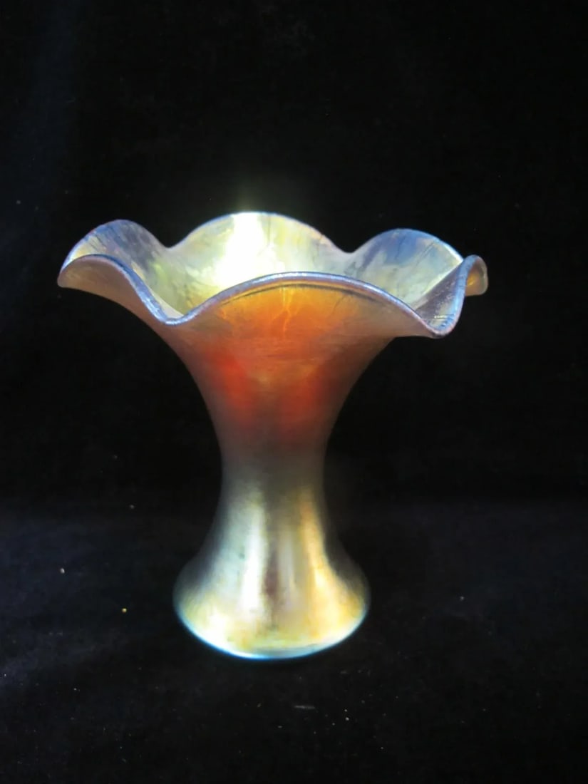 Steuben Aurene 723 Gold Blue Iridescent Ruffle Art Glass Vase - 2