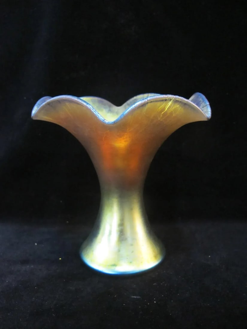 Steuben Aurene 723 Gold Blue Iridescent Ruffle Art Glass Vase - 3