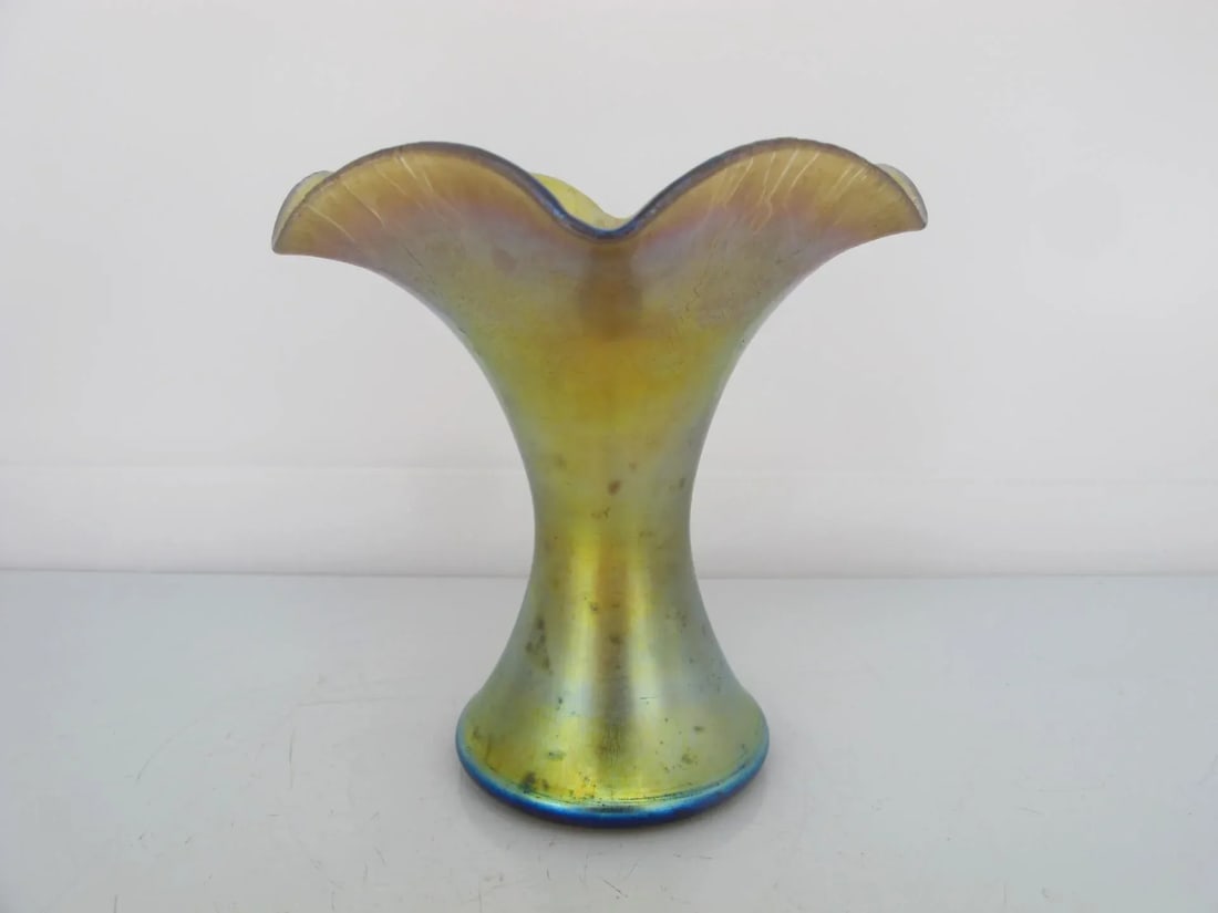 Steuben Aurene 723 Gold Blue Iridescent Ruffle Art Glass Vase - 5