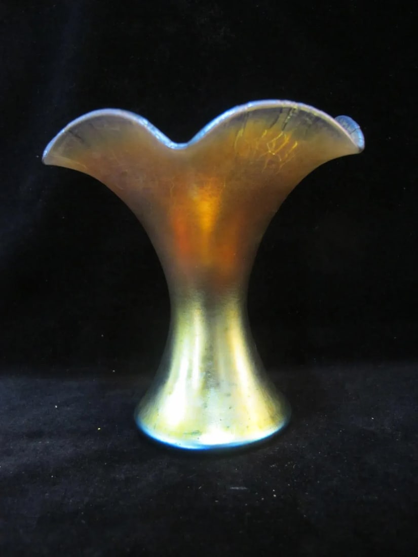 Steuben Aurene 723 Gold Blue Iridescent Ruffle Art Glass Vase - 6