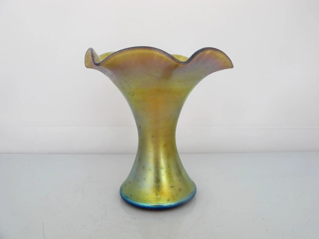 Steuben Aurene 723 Gold Blue Iridescent Ruffle Art Glass Vase - 8