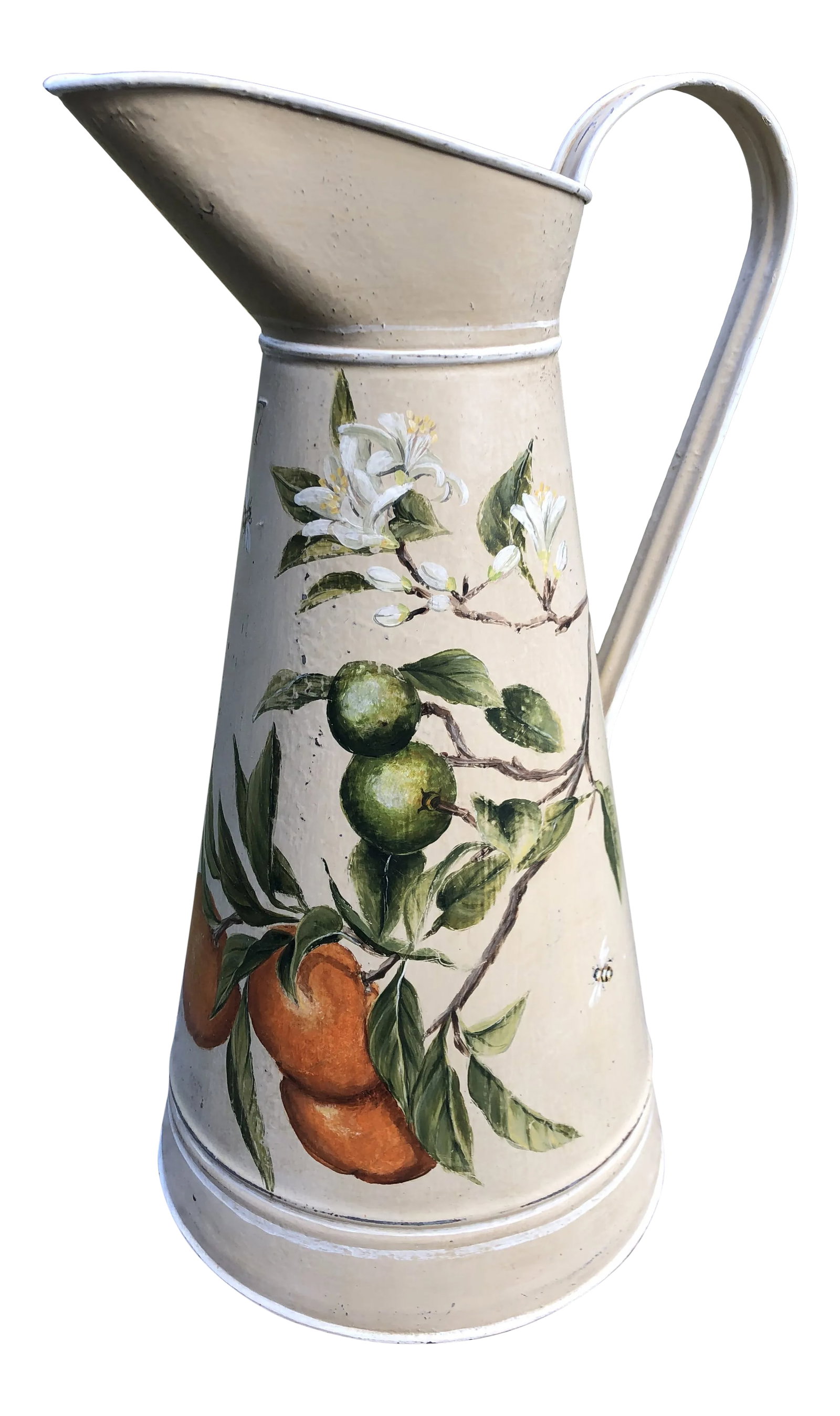 Antique Painted Water Pitcher: Wonderful hand painted Antique French Country Water pitcher with Orange blossoms, oranges and bees. Purchased from Importer Wind Rose out of Greensboro, NC. During the late 1990s. An importer of Frenc