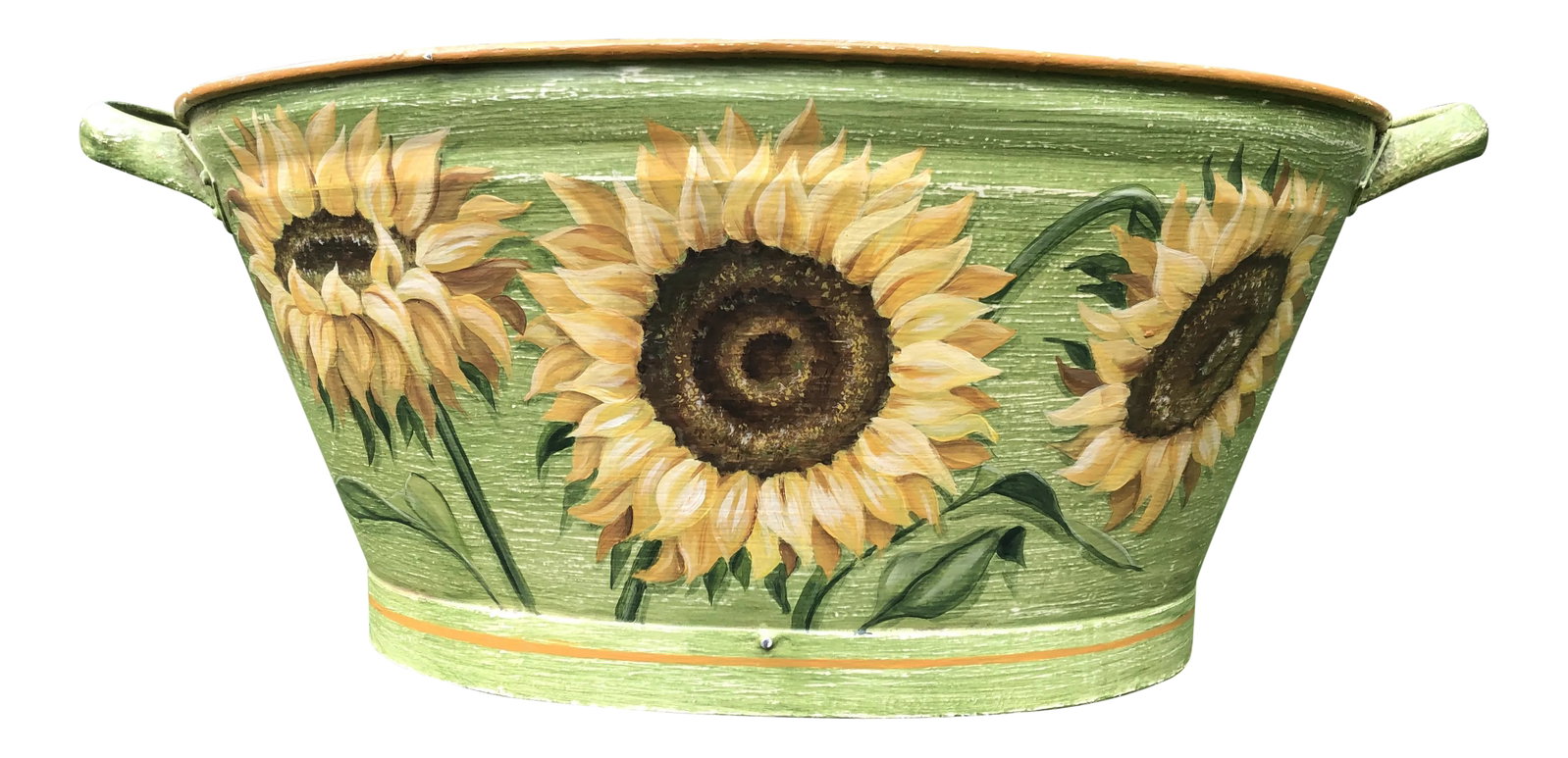 Antique Painted Sunflowers on Footbath: Antique footpath imported from the NC company " Wind Rose", an importer of antique French and English furniture and accessories. paint was applied in the late 1990's. Whimsical piece for any room in