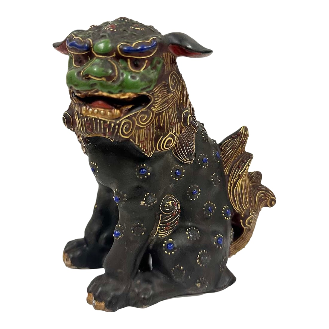 Vintage Japanese Satsuma Colorful Foo Dog Statue: Fabulous colorful hand painted Satsuma porcelain foo dogs from Japan feature a colorful decoration on the body with green accents and gold detailing. Handcrafted in Japan, the detailed carving works s