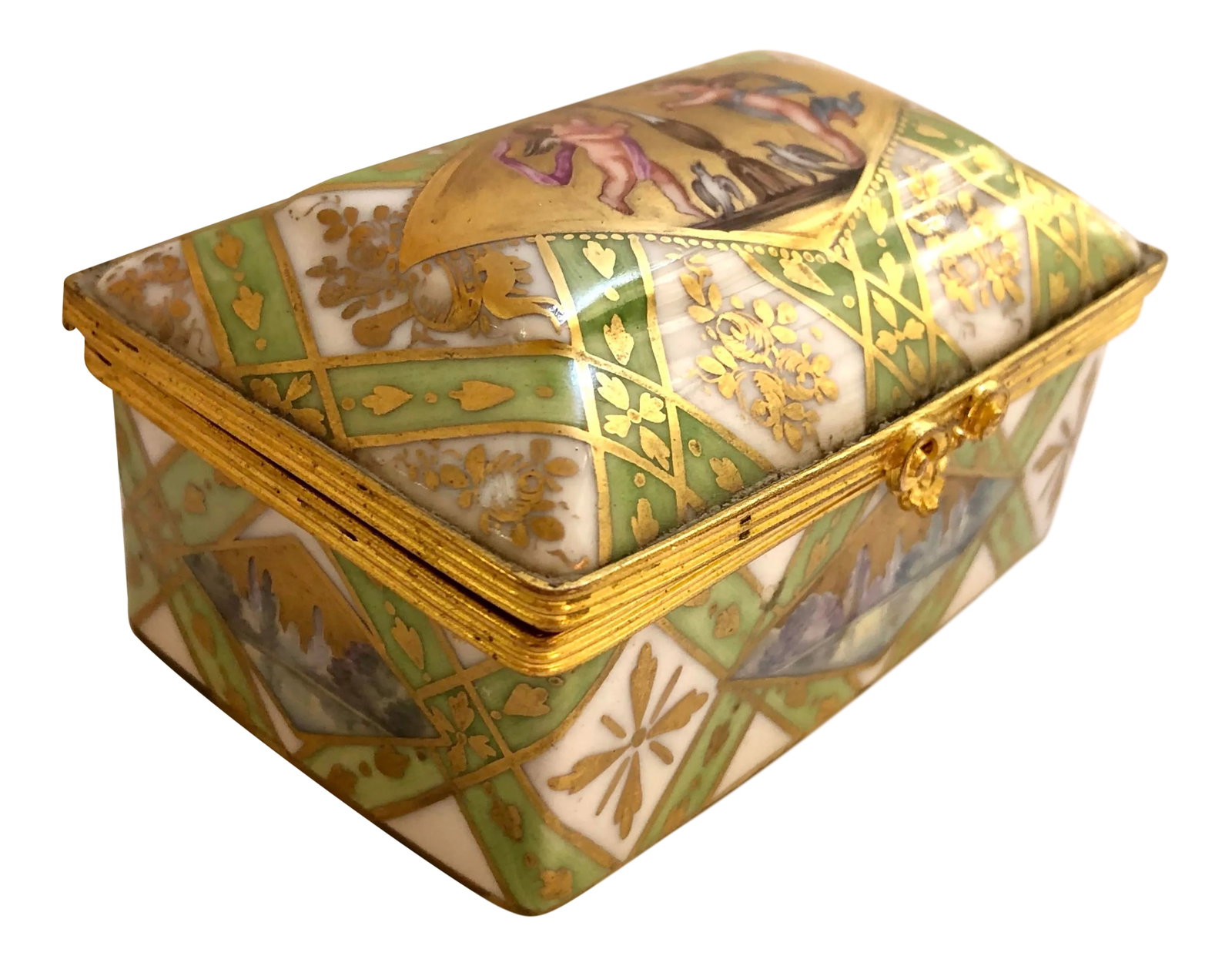19th C. French Parisian Putties Porcelain Box: This lovely French box has a domed top and is hinged and decorated with two putties. Overall hatched basket weave design in green and gold. Front and sides painted with blue landscape within a