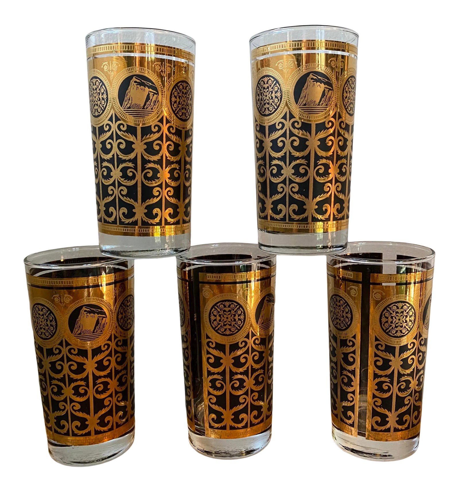 Vintage Fred Press 22k Gold and Black Glasses - Set of 5: Hollywood Regency 22k gold and black glasses designed by Fred Press. Intricate, ornate detailing and a mountain-scape. Add a glamorous, festive vibe to your home bar. Open to reasonable offers.