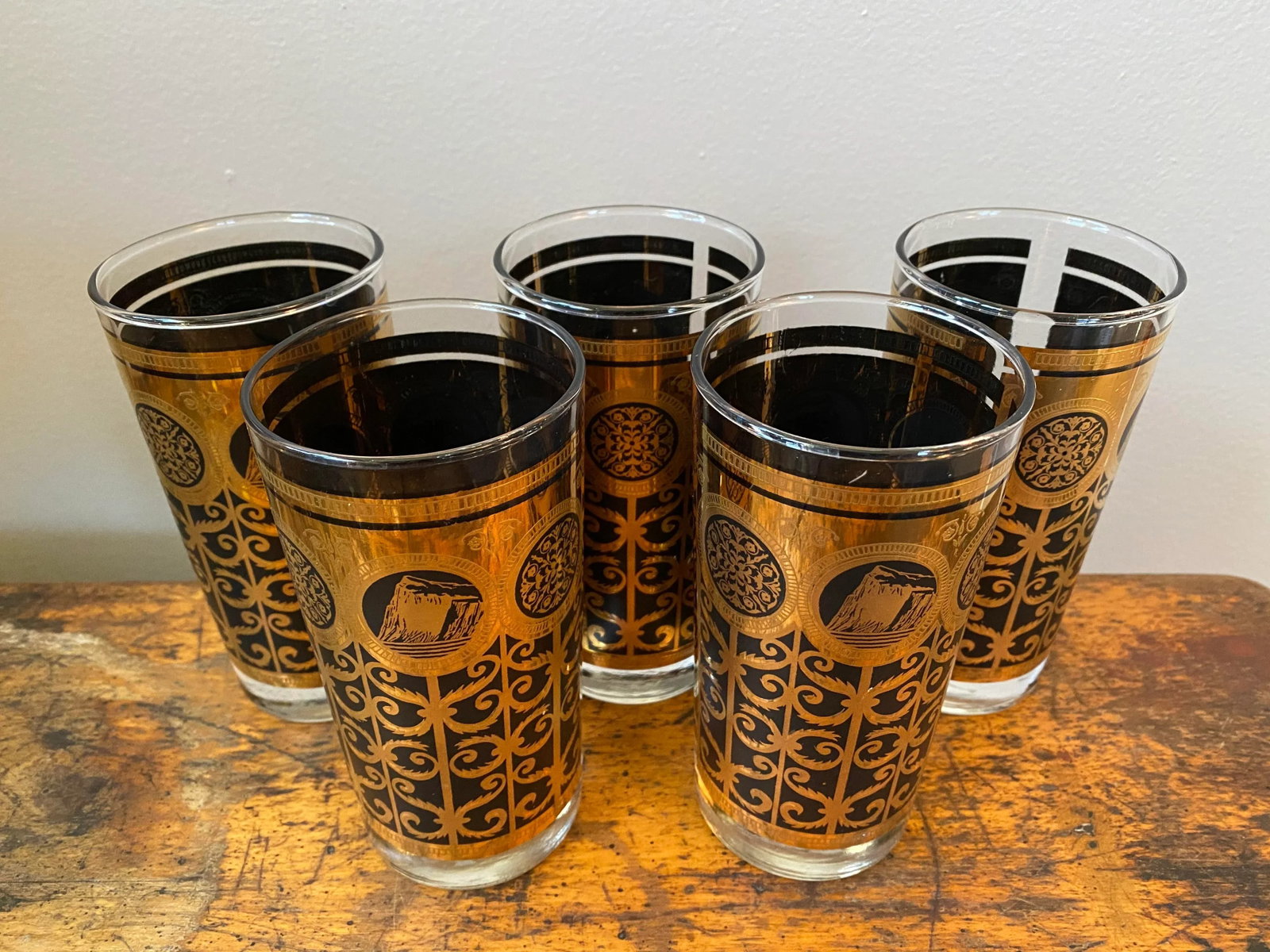 Vintage Fred Press 22k Gold and Black Glasses - Set of 5 - 6
