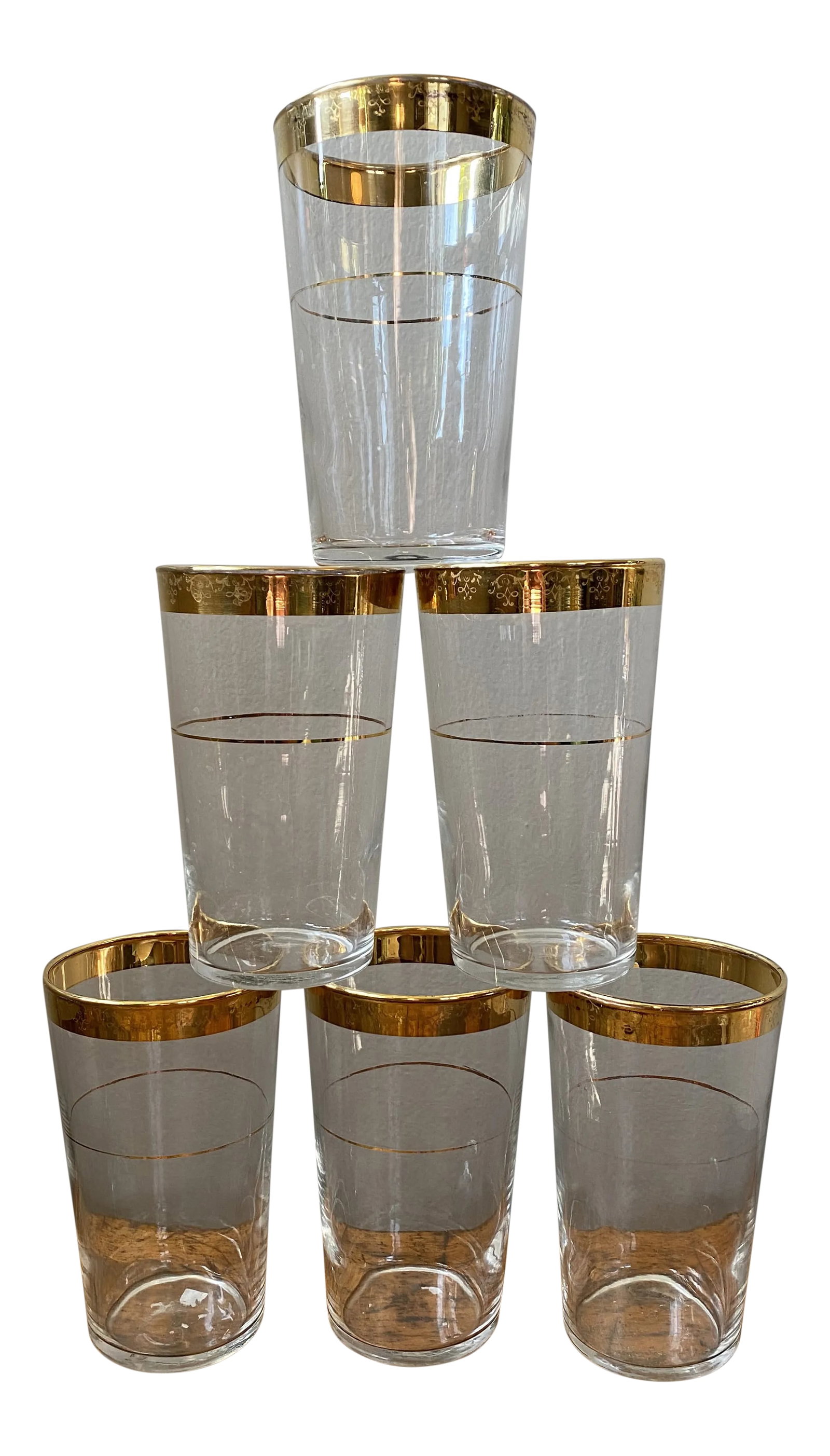 Vintage Mid 20th Century Glass Tumblers With Gold Rim - Set of 6: Beautiful gold accents and details on these delicate vintage glasses. Add a glamorous, festive vibe to your home bar. Open to reasonable offers. Condition: Alterations: Original Condition Unaltered