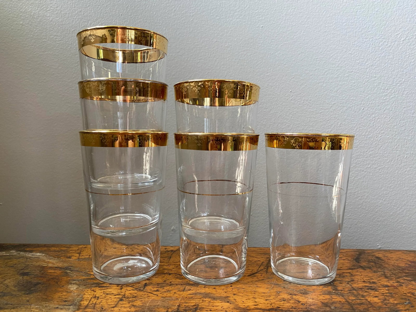 Vintage Mid 20th Century Glass Tumblers With Gold Rim - Set of 6 - 7