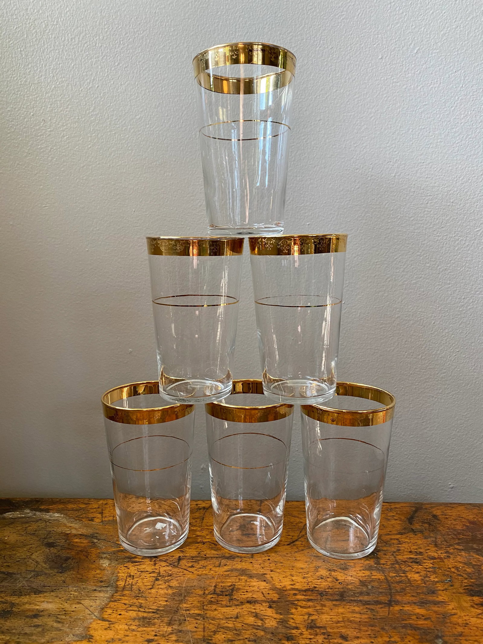 Vintage Mid 20th Century Glass Tumblers With Gold Rim - Set of 6 - 9