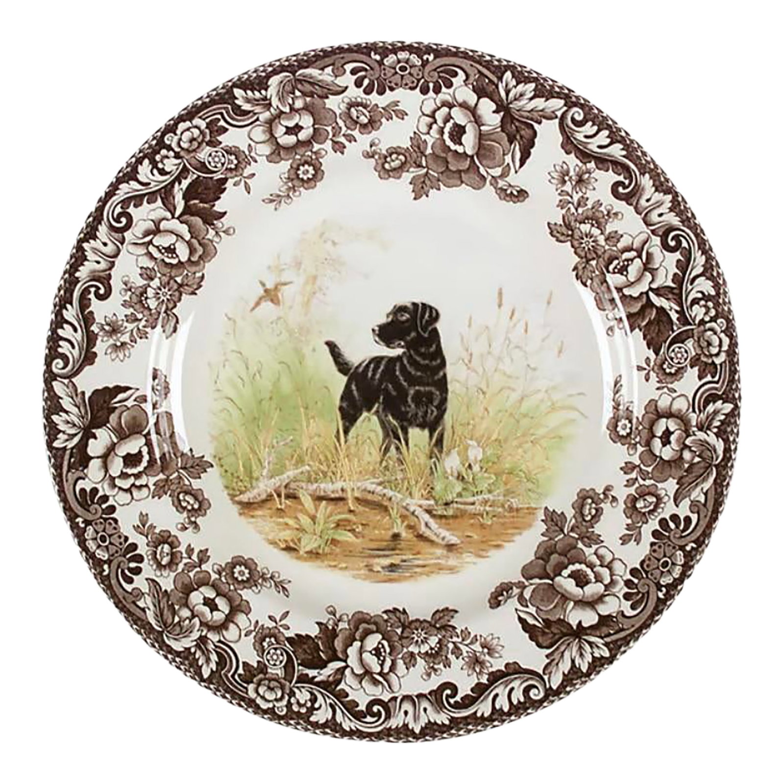 Spode Woodland Black Labrador Dinner Plate: Spode Woodland Black Labrador Retriever Dinner Plate 10.5". Spode's Woodland tableware collection features fine studies of British game animals framed by a stylized, floral border. This handsome range
