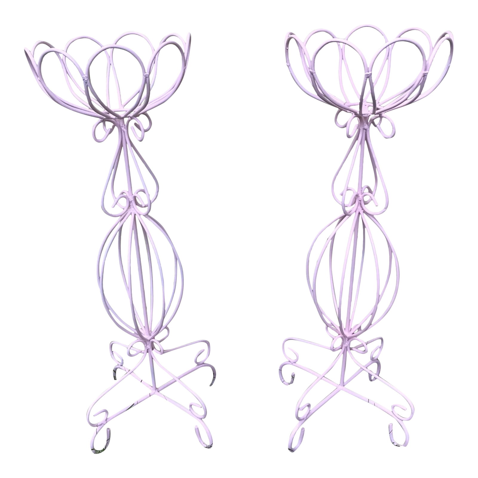 Cotton Candy Pink Metal Plant Stands - a Pair: These are newly painted metal wire plant stands. Perfect for indoor of out. Painted cotton candy pink! These are very light and easy to move around. The petal shaped basin allows for a 11" pot.