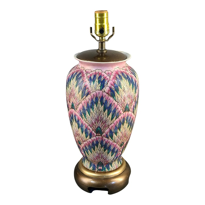 Late 20th Century Asian Flamestitch Pattern Colorful Painted Porcelain Peacock Feather Table Lamp: This is a vintage table lamp with an Asian flamestitch pattern and a colorful painted finish. The lamp features a peacock feather design and is made of porcelain. It is corded electric and would add