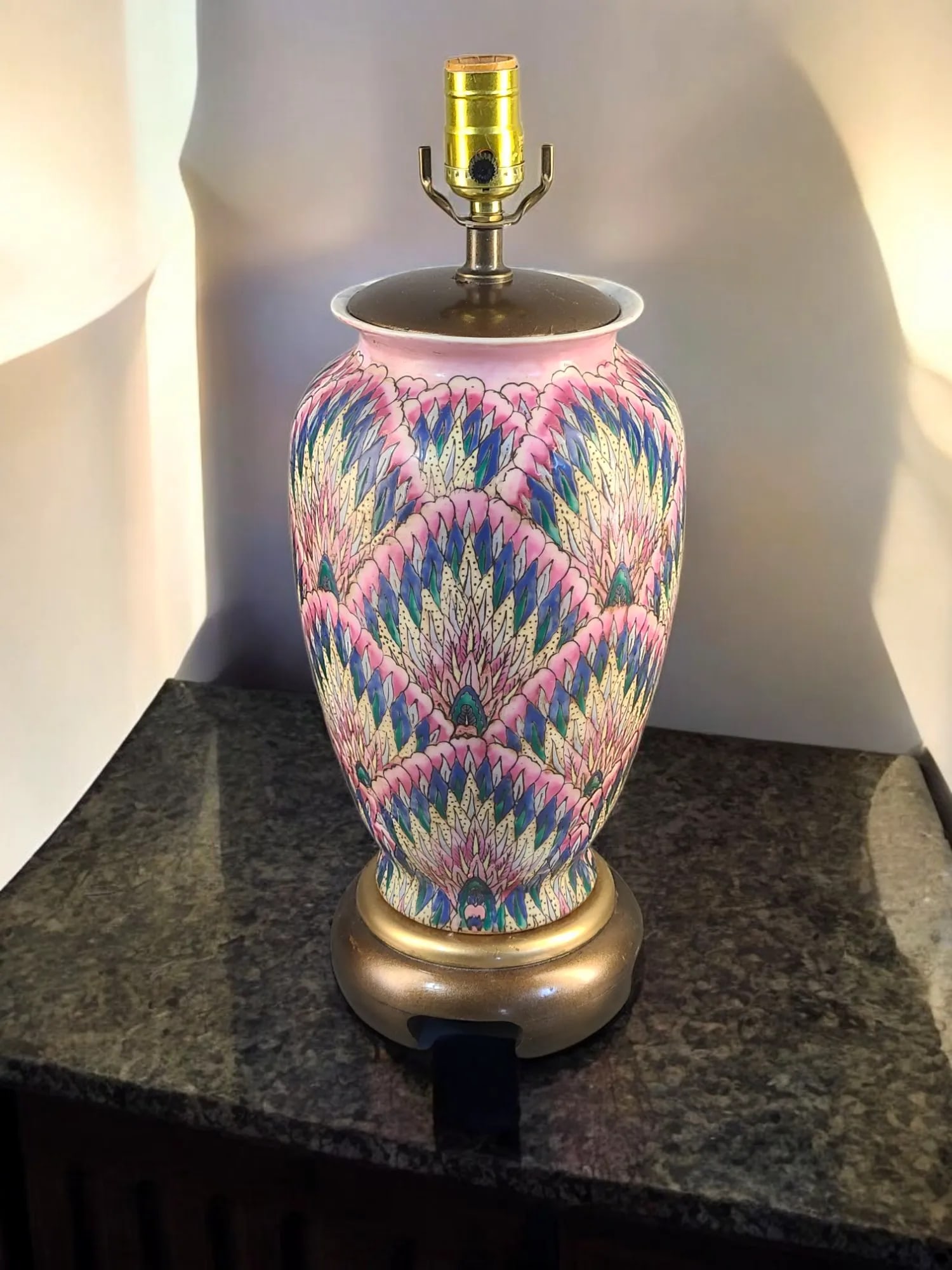 Late 20th Century Asian Flamestitch Pattern Colorful Painted Porcelain Peacock Feather Table Lamp - 2