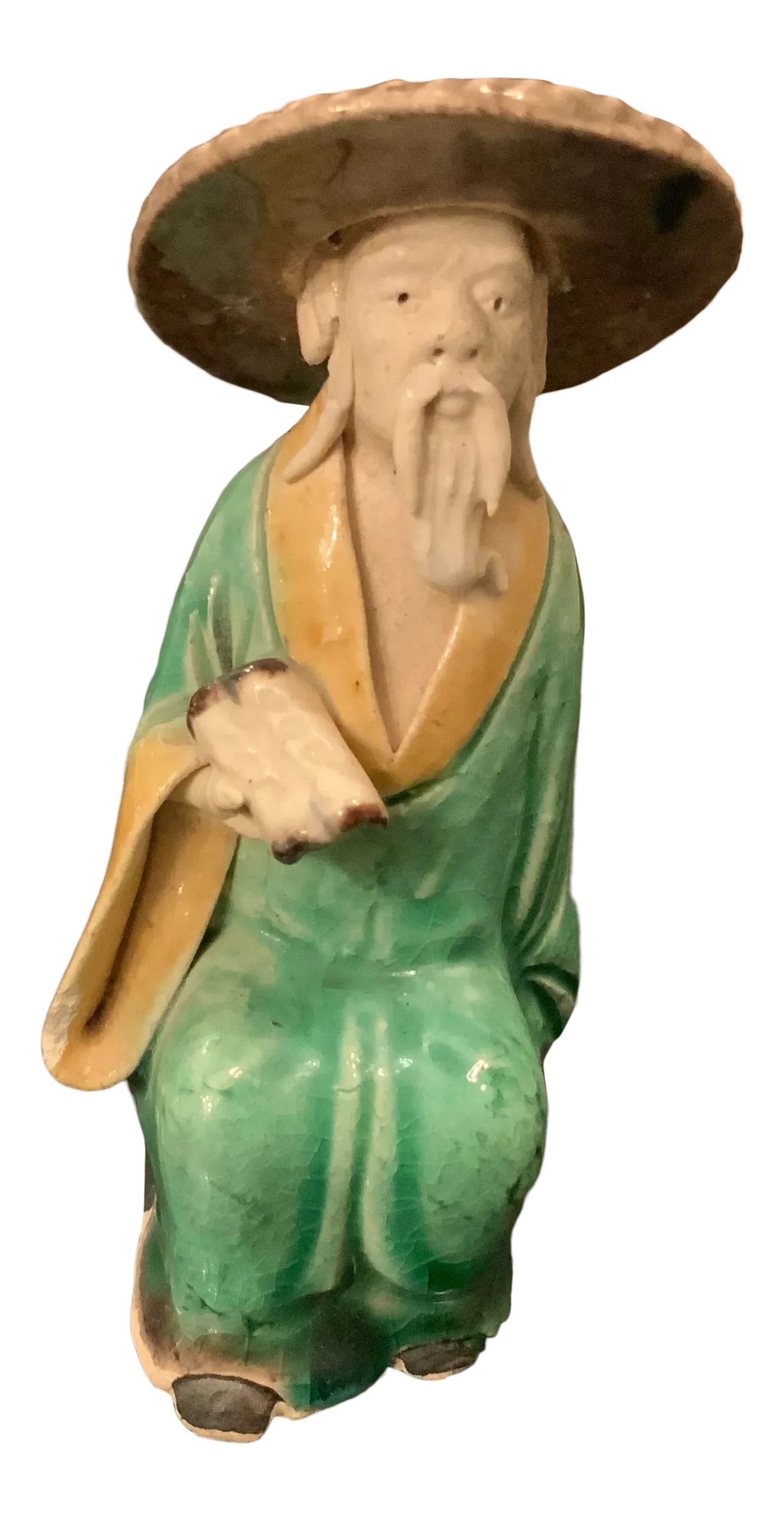 Vintage Chinese Ceramic Figurine: Vintage Chinese ceramic figurine. Don't you just adore him? He looks to be a wise old man ready to share his knowledge. Gorgeous color and style. This great little guy is perfect on a bookshelf or in