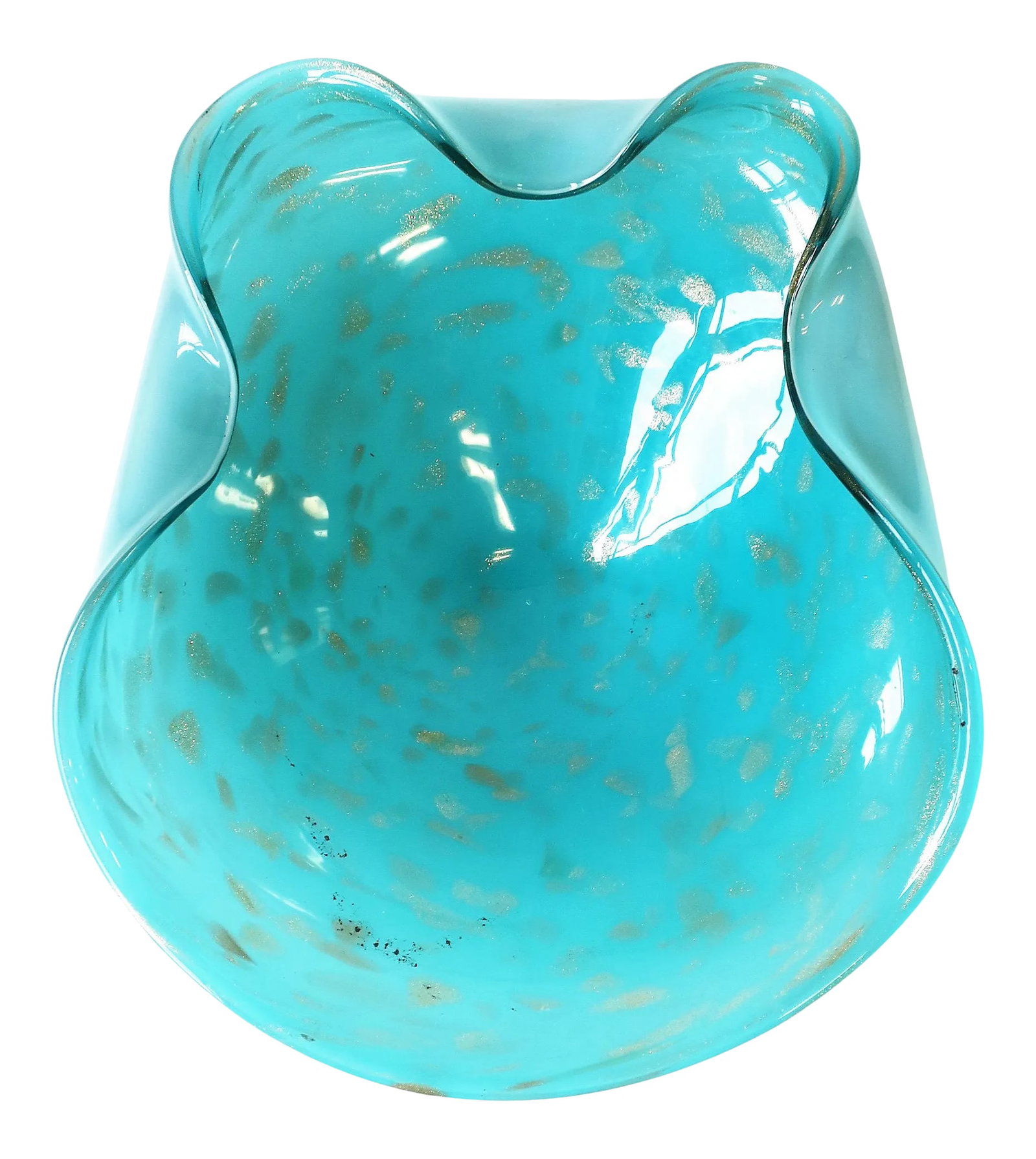 Italian Murano Art Glass Bowl in Turquoise Blue: A beautiful and substantial modern/Midcentury Modern Italian Murano art glass bowl in Caribbean, turquoise, or azure blue with a shimmering copper design, circa mid-20th century, 1960s, Italy. Bowl is