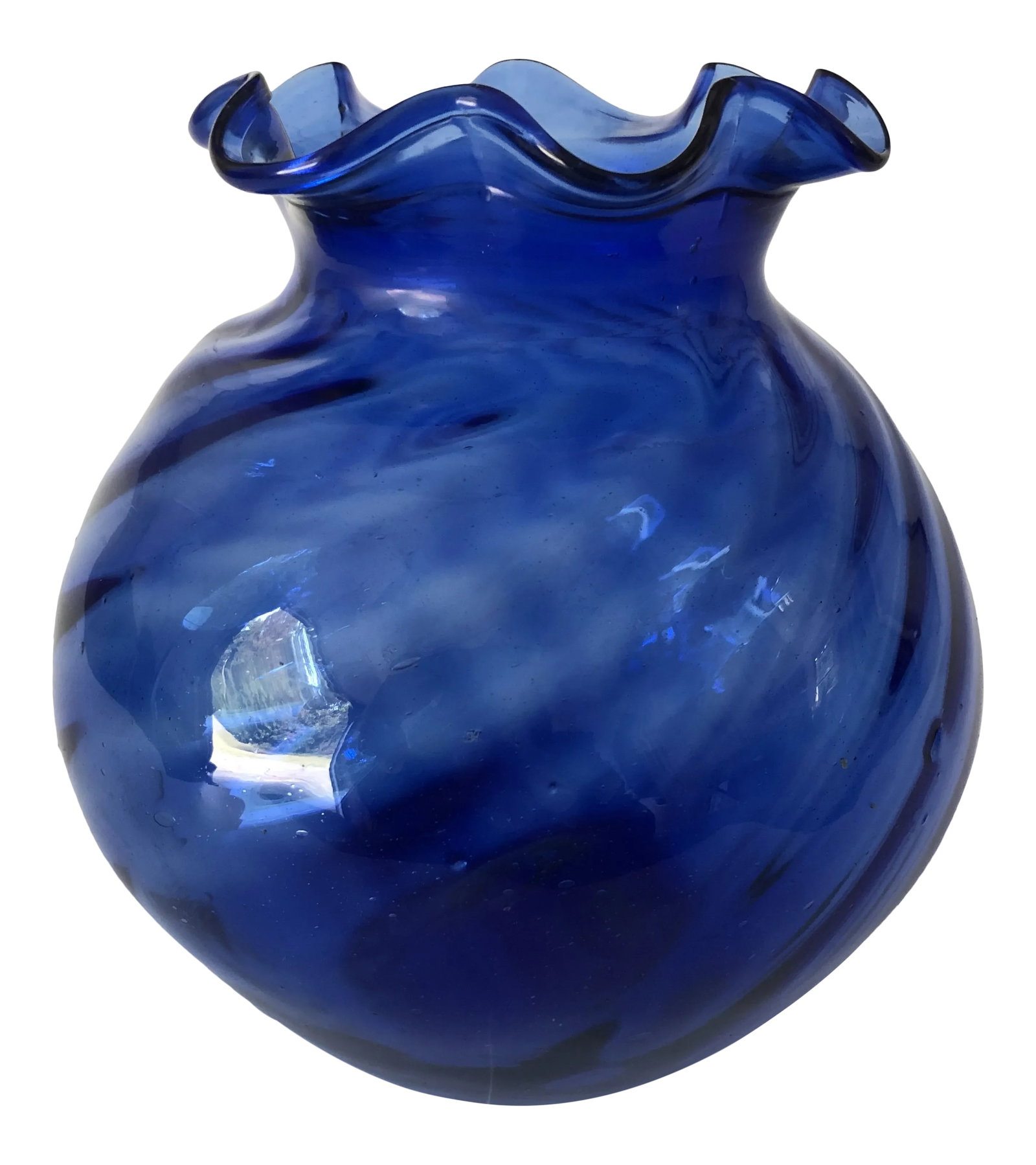 Vintage Hand Blown Cobalt Blue Ruffled Edge Vase: Vintage hand blown cobalt blue glass vase , excellent condition. Condition: Alterations: Original Condition Unaltered Imperfections: Some Imperfections Condition Notes: Excellent. Materials &