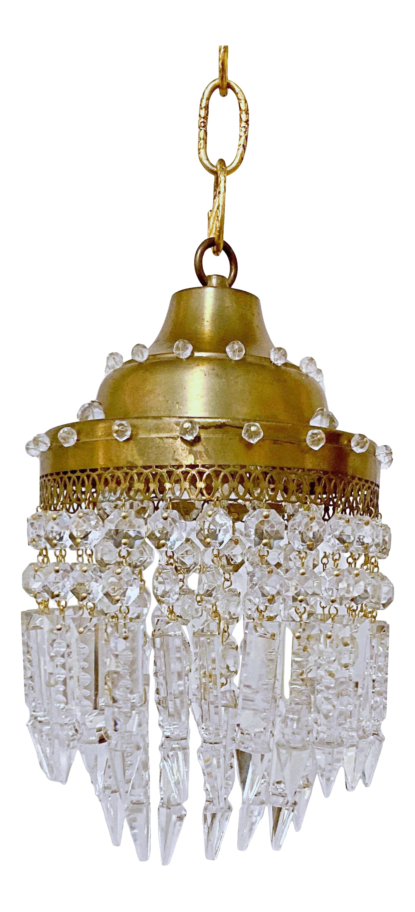 Vintage Italian Brass Upside Down Layered Cake Chandelier: This is a decorative Italian layered chandelier with brass dome and 30% spear faceted crystal drops. It has 1 Edison base sockets that holds up to 100W each or equivalent LED candelabra base lightbulb