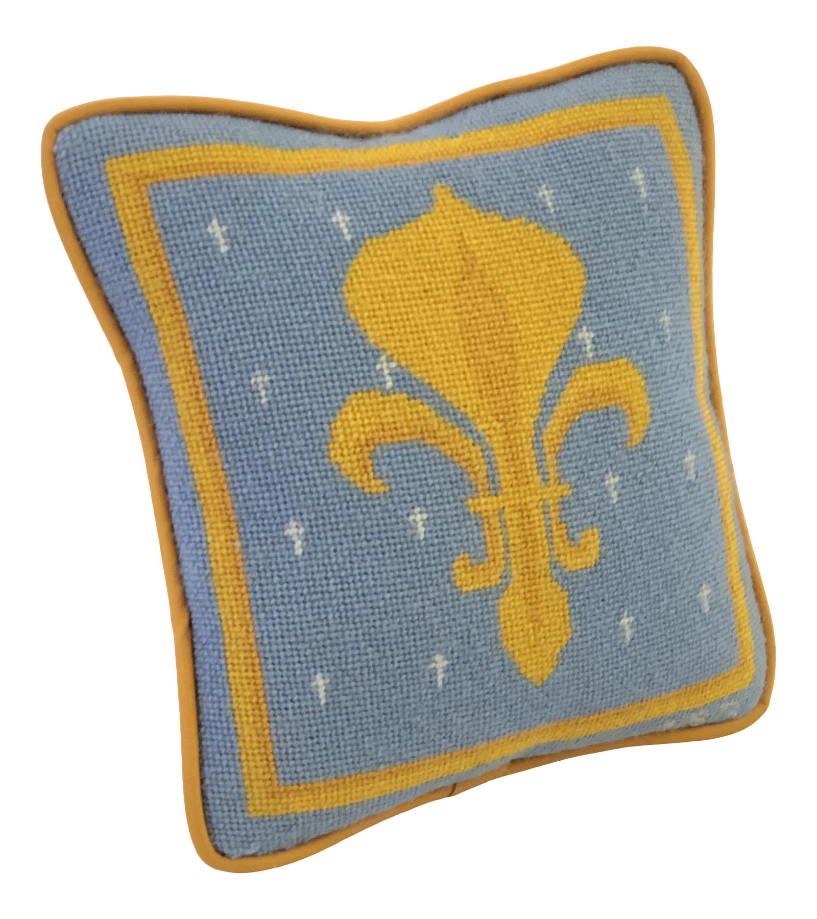Vintage Fleur-De-Lis Petite Needlepoint Pillow: Charming French Neoclassical style handmade pillow with light blue and two-tone gold petit point stitching in a framed fleur de lis design. The pillow is backed and welted in a gold velvet and