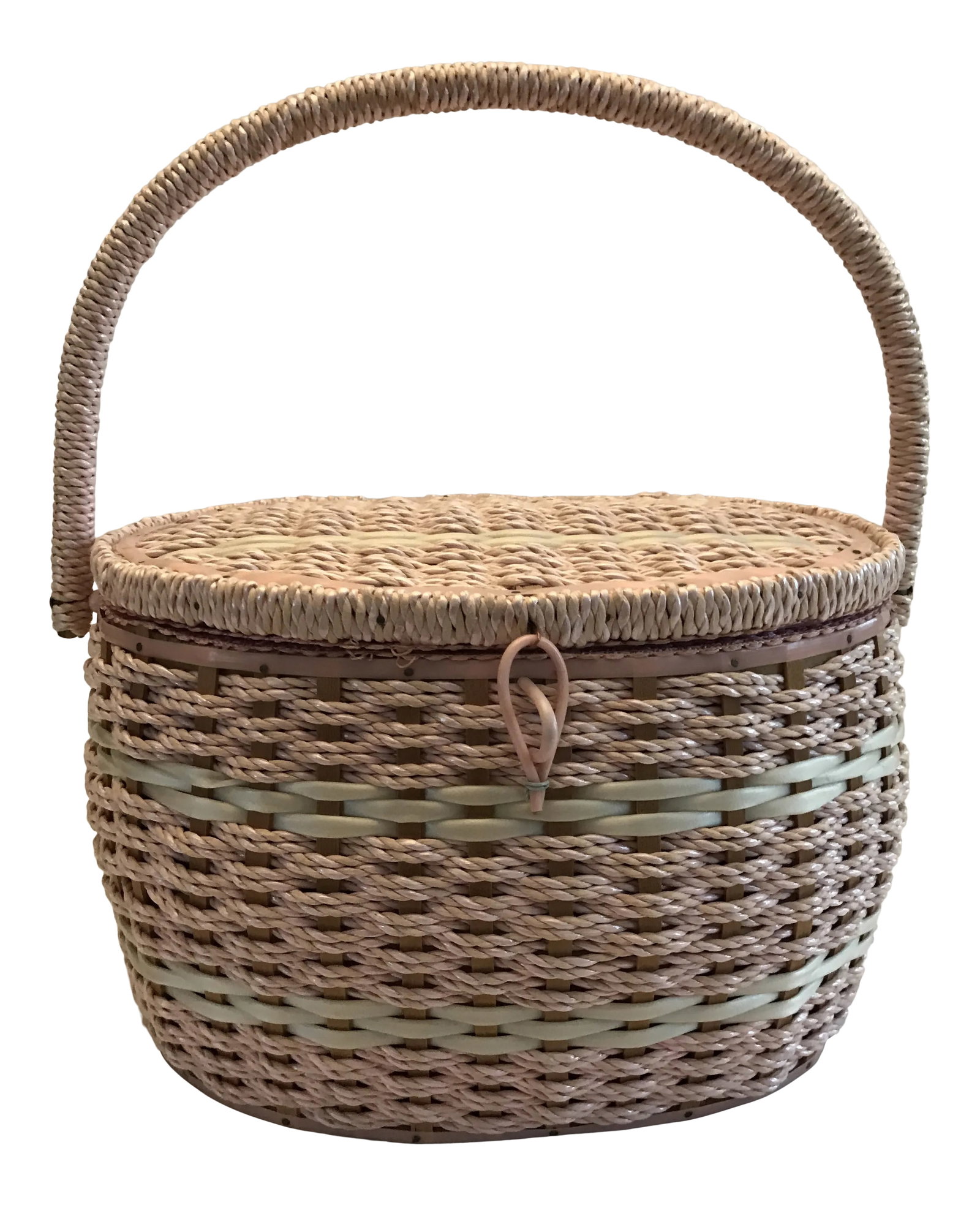 Vintage Oval Woven Weave Wicker Sewing Basket: This is a sweet, very feminine, sewing basket, with the oval shape and soft pink, pearl white and natural wicker colors blending. The curve of the handle delightfully compliments this sewing basket.