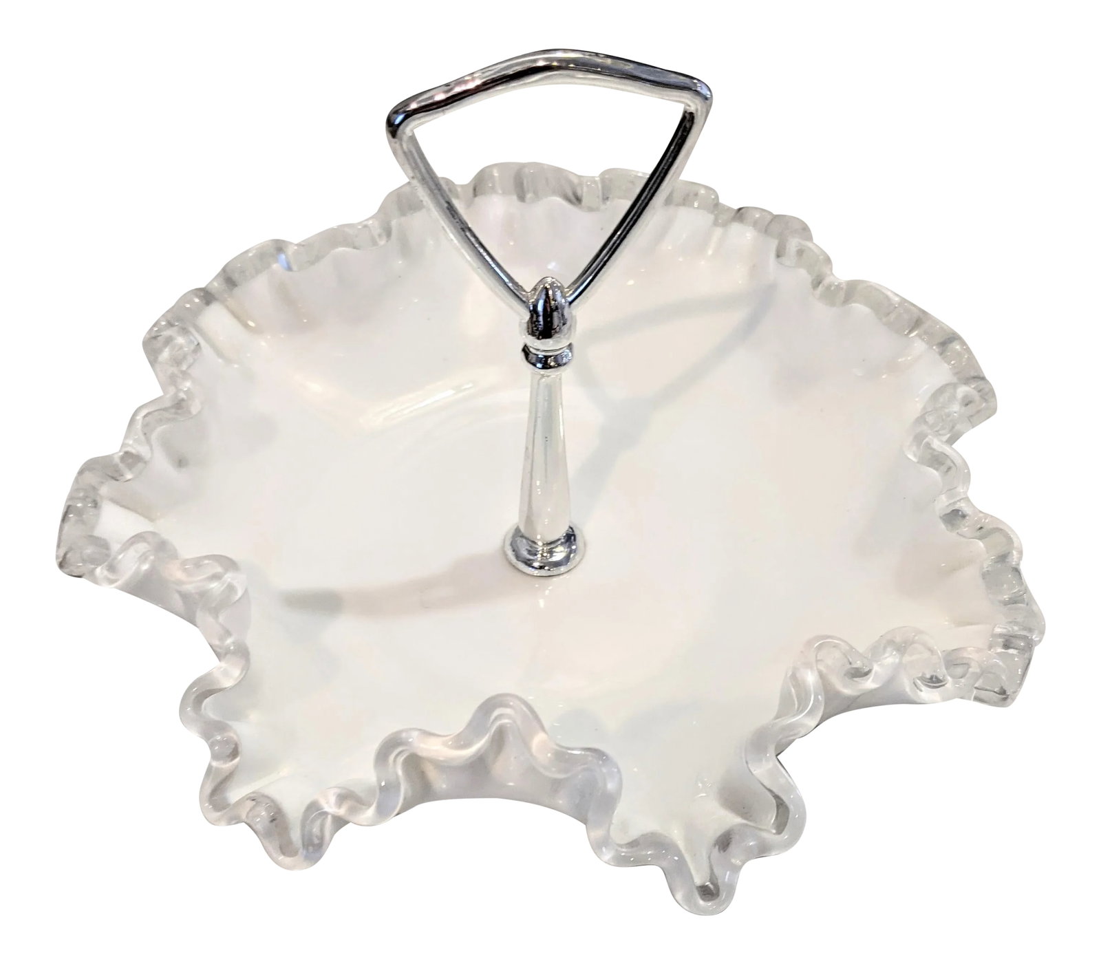Vintage 1950s Fenton Silver Crest Ruffle Edged Milk Glass Bon Bon Dish: A gorgeous piece of Fenton craftsmanship, this vintage bon bon dish from the 1950's features the brand's famous silver crest and ruffle edged detail on lovely milk glass. With a chrome plated handle, 