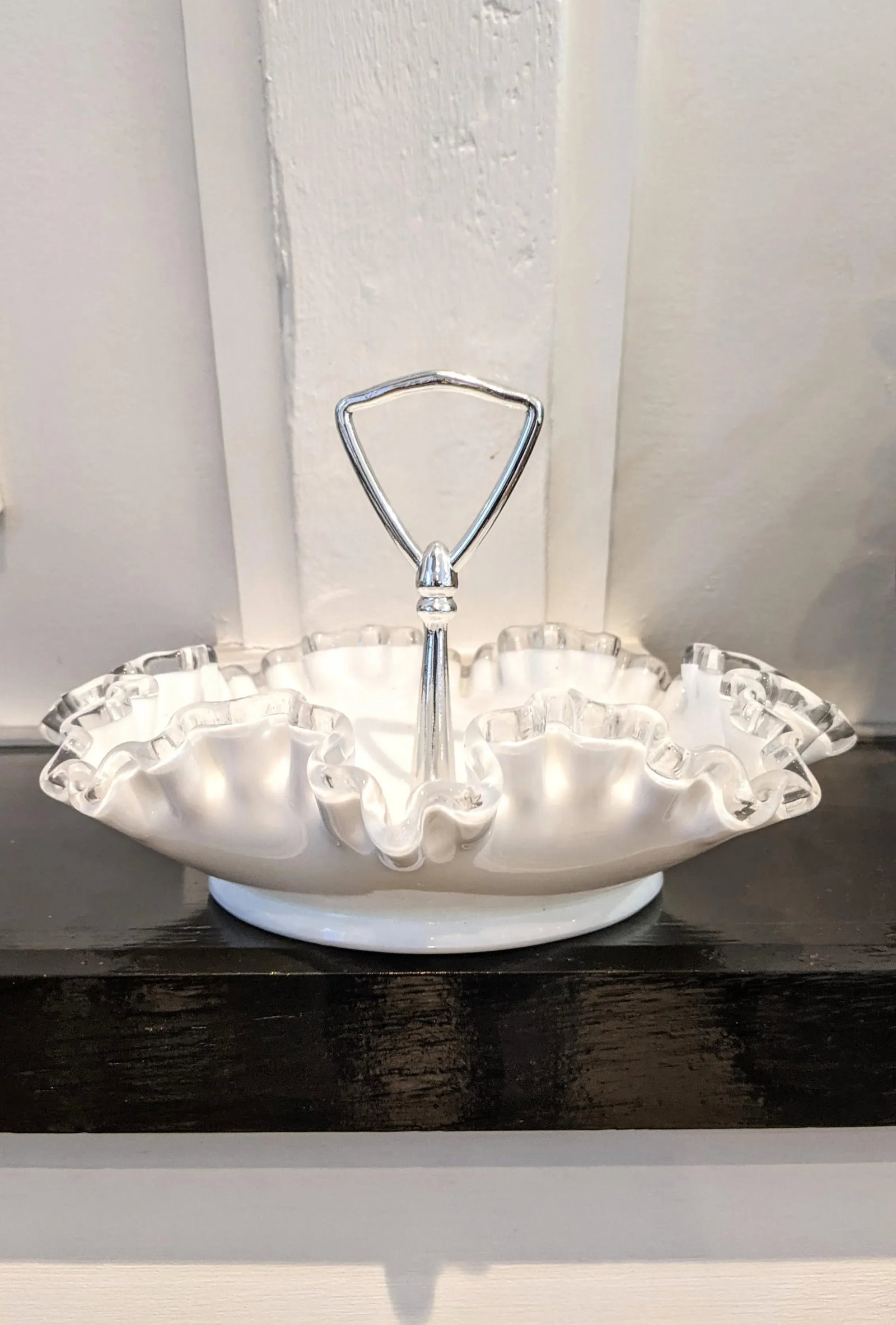 Vintage 1950s Fenton Silver Crest Ruffle Edged Milk Glass Bon Bon Dish - 4