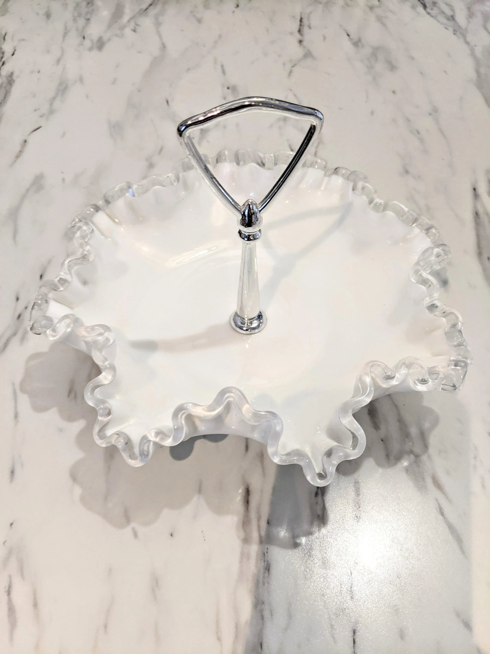 Vintage 1950s Fenton Silver Crest Ruffle Edged Milk Glass Bon Bon Dish - 7