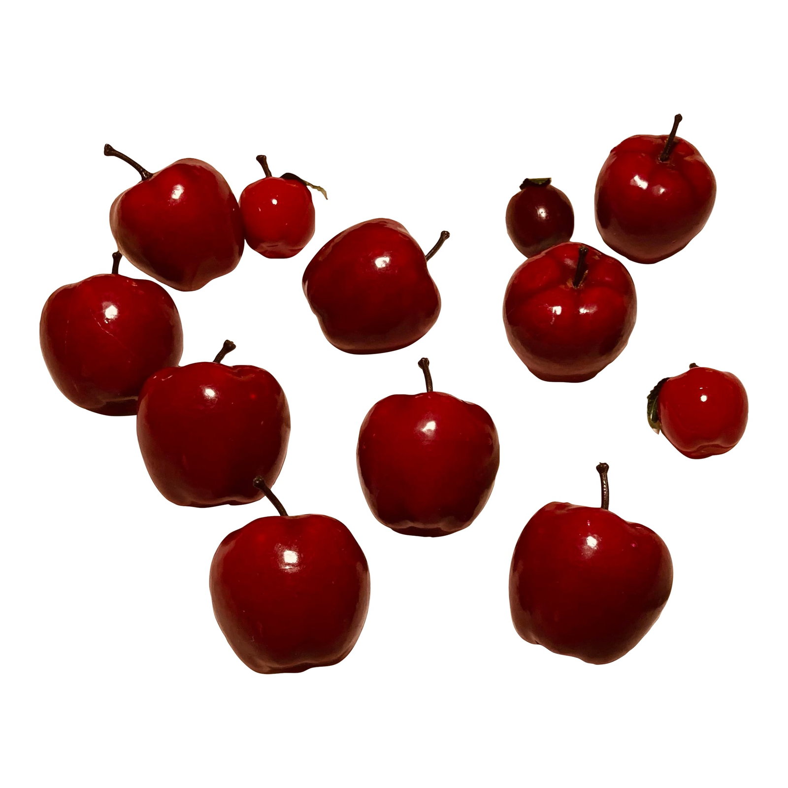 Assorted Vintage Holiday Glossy Red Papier-Mache Apple Holiday Ornaments: Vintage papier-mache holiday apple ornaments large and small Condition: Alterations: Original Condition Unaltered Imperfections: Some Imperfections Condition Notes: May show some signs of use
