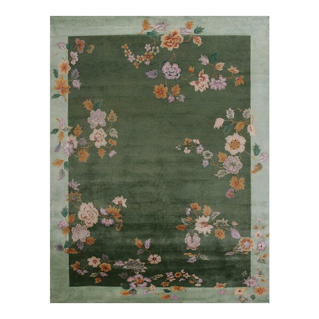 2020s Green Floral Contemporary Chinese Art Deco Rug 7'10" X 10'5" Handknotted Wool Carpet: Contemporary Chinese Art Deco Style Carpet ( 7'10" x 10'5" - 238 x 317 ) Condition: Imperfections: No Imperfections Condition Notes: New Origin: India Materials & Techniques: Wool Details:
