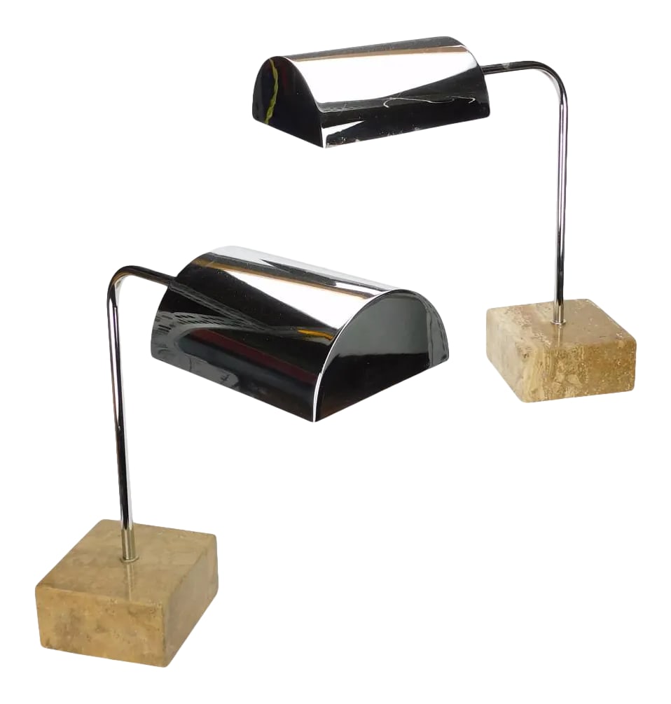 1970s Mid-Century Sonneman Chrome Guzzini Travertine Desk Lamps - a Pair: Estate Fresh. We Offer This Wonderful Pair Of Chrome And Stone Based Lamps. Excellent Vintage Condition. Sockets Feature A Simple "Off/On" Control Knob. Original Wiring Is In Excellent Condition. Cond