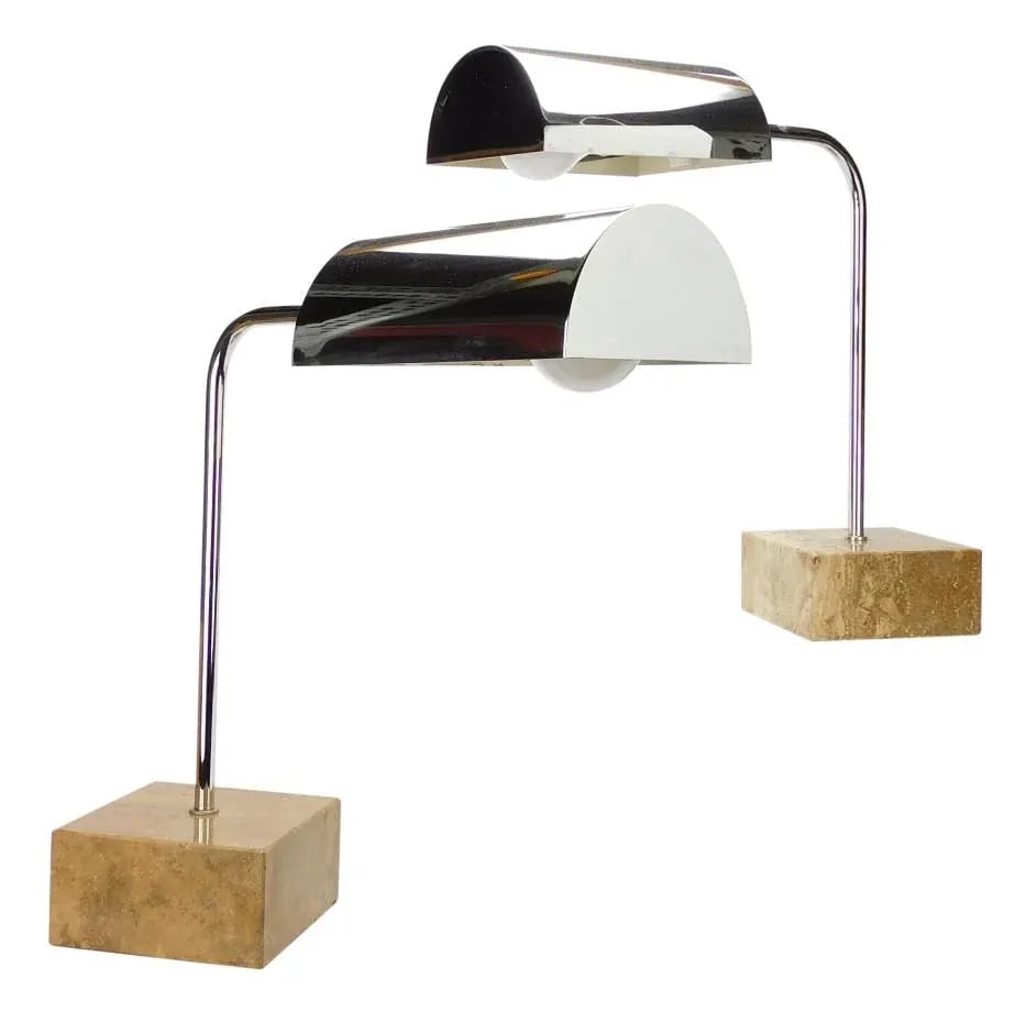 1970s Mid-Century Sonneman Chrome Guzzini Travertine Desk Lamps - a Pair - 2
