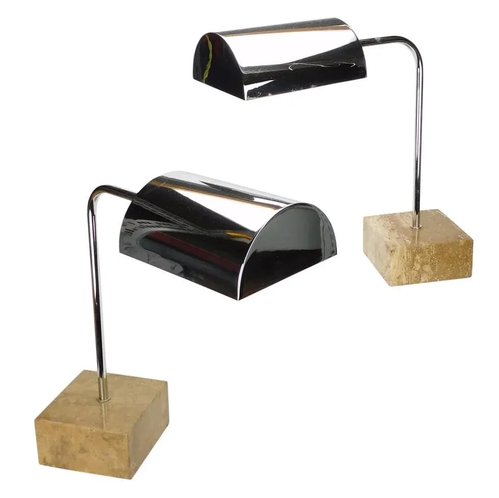 1970s Mid-Century Sonneman Chrome Guzzini Travertine Desk Lamps - a Pair - 8