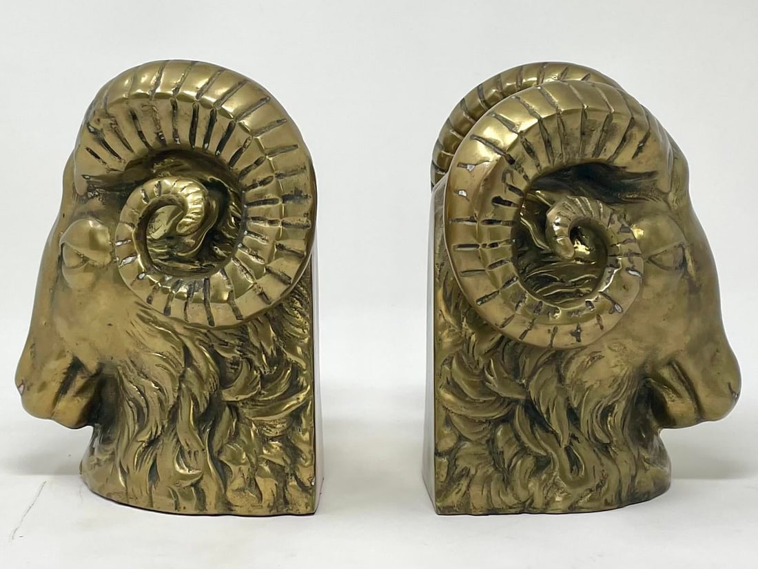 Vintage Hollywood Regency Brass Rams Head Bookends - Set of 2 - 11