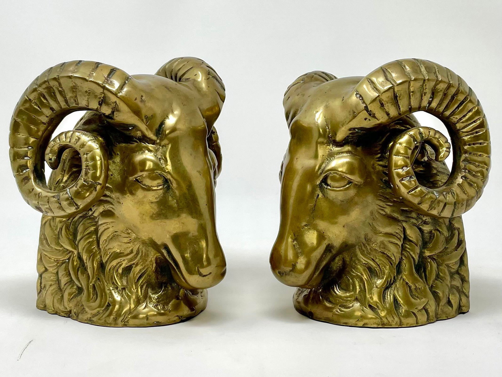 Vintage Hollywood Regency Brass Rams Head Bookends - Set of 2 - 12