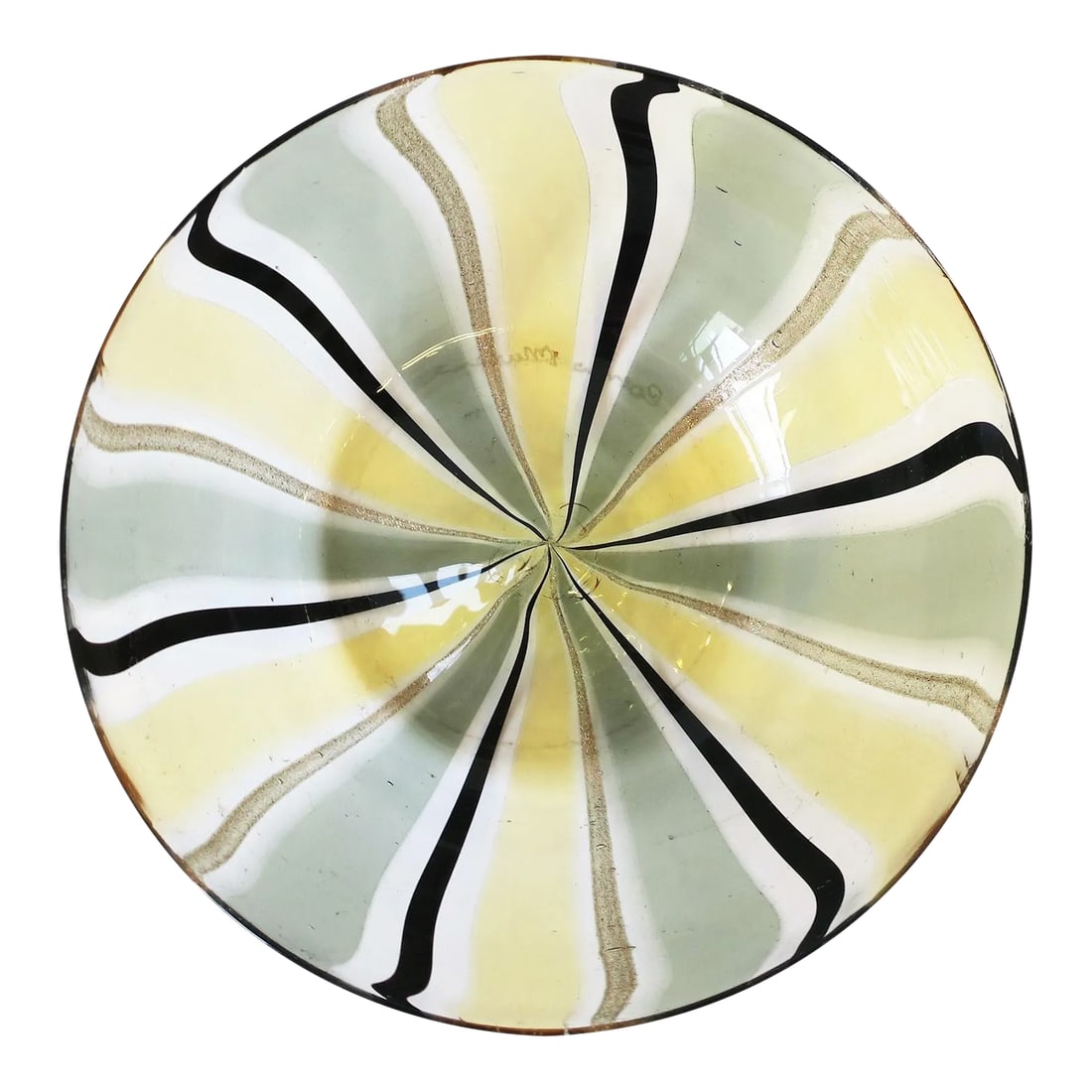Minimalist Italian Murano Black and Gold Art Glass Bowl, Signed: A beautiful Italian Murano art glass bowl from Italy. Bowl's design is in the Minimalist style. Murano glass colors include: clear, gold-yellow, black, 'smoked' taupe, and ribbons of shimmering gold.